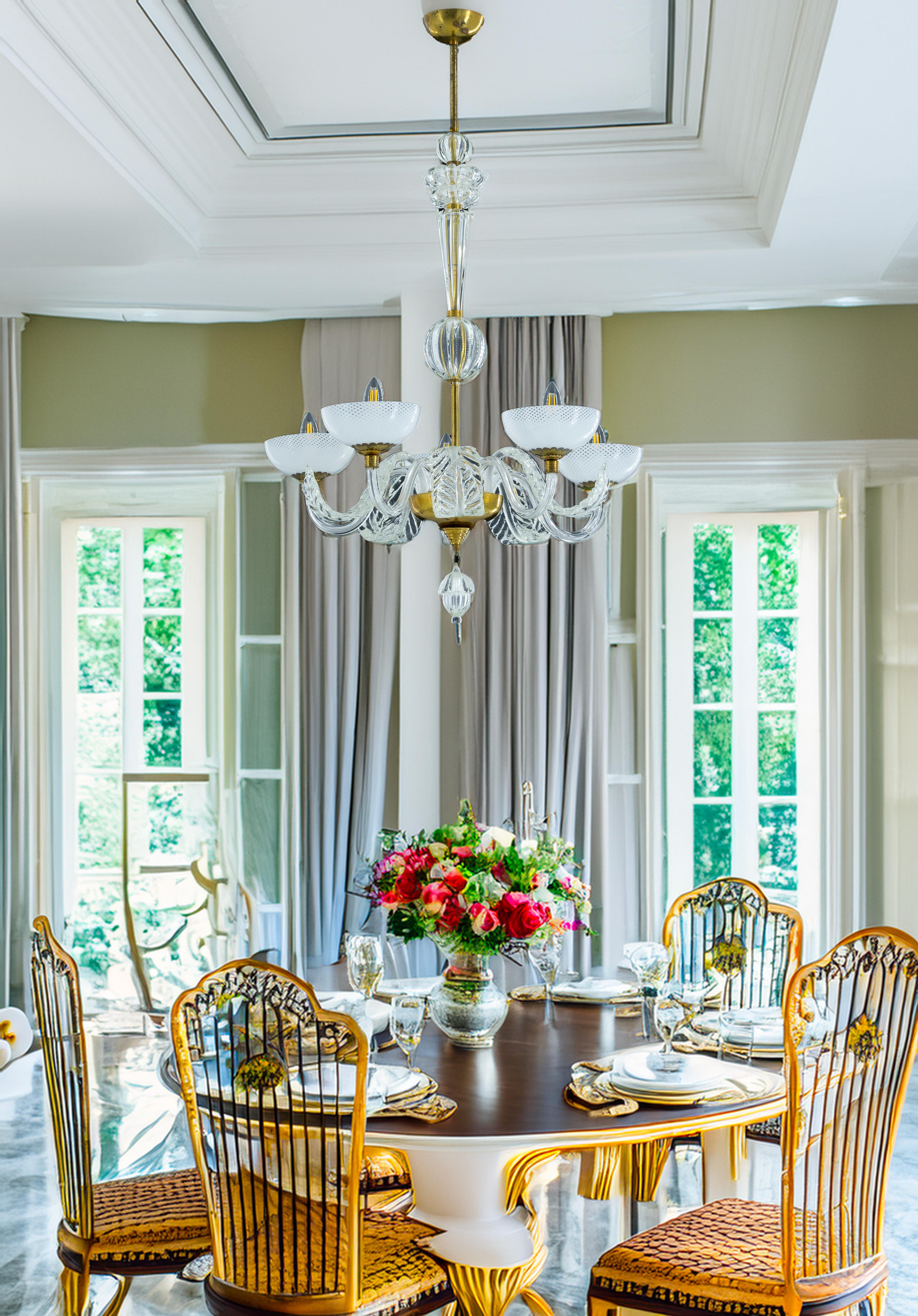 Murano Glass Chandelier with Delicate White Shades and Gilded Accents from 20th For Sale 13
