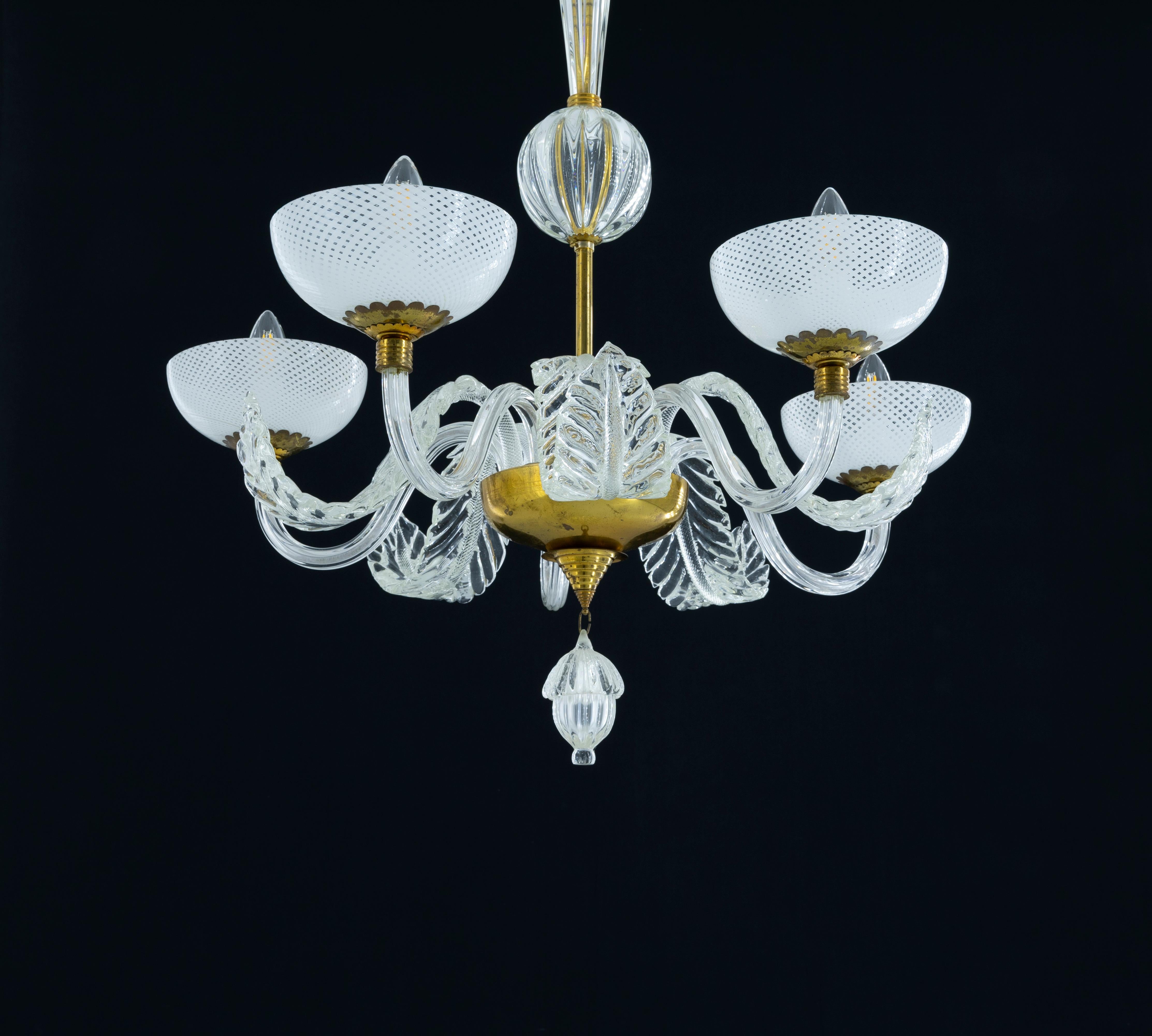 Art Deco Murano Glass Chandelier with Delicate White Shades and Gilded Accents from 20th For Sale