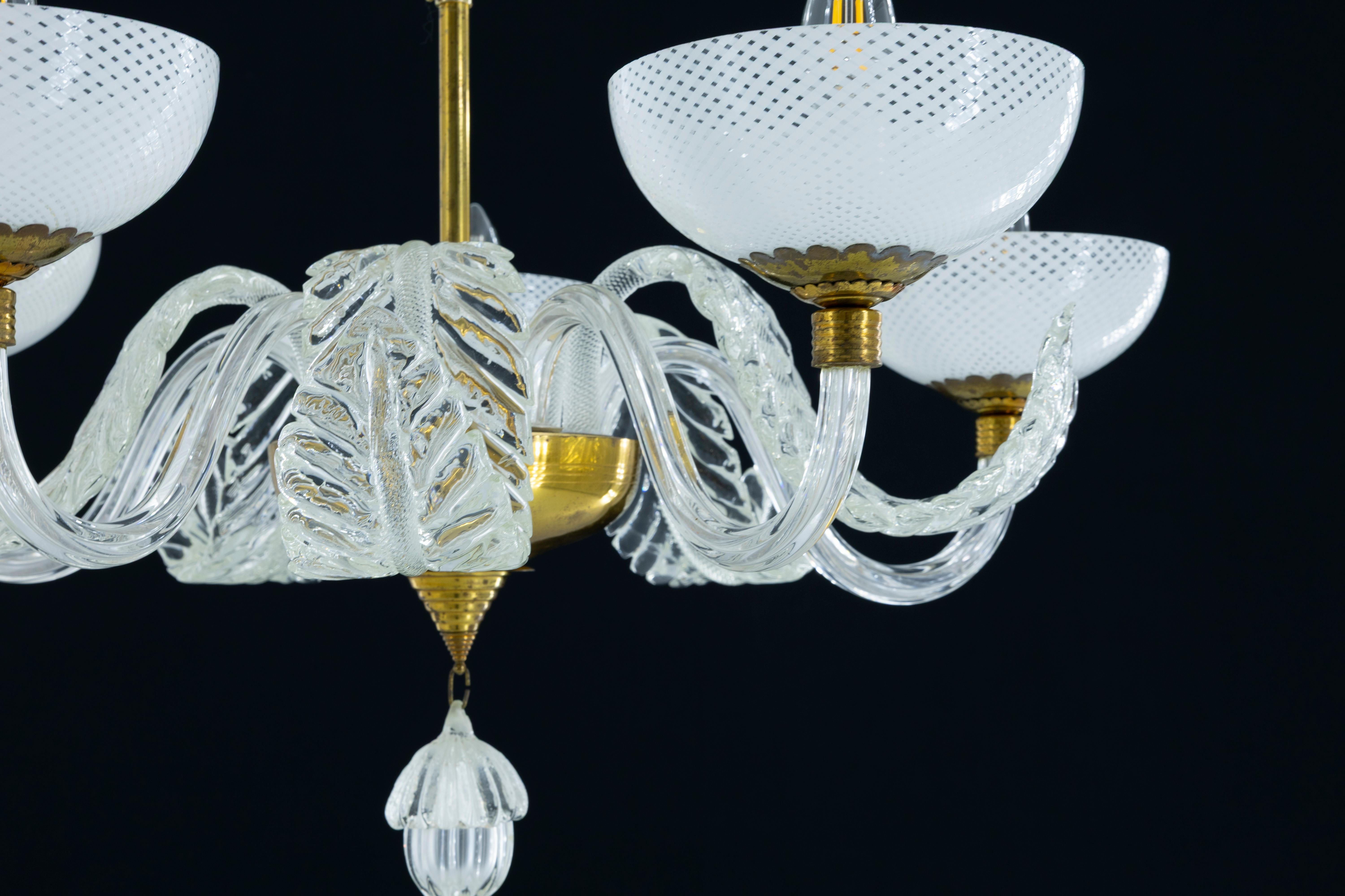 Italian Murano Glass Chandelier with Delicate White Shades and Gilded Accents from 20th For Sale
