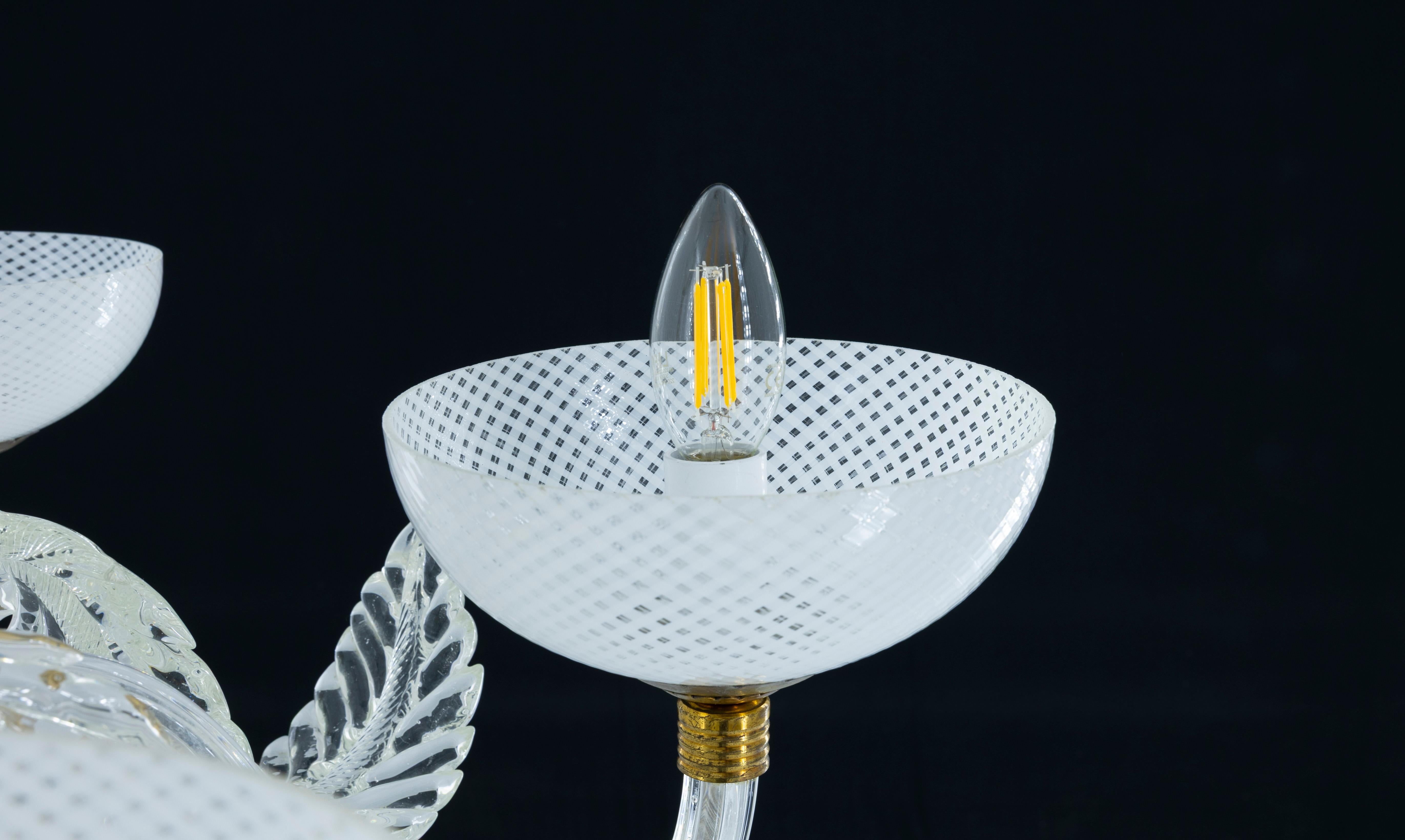 Hand-Crafted Murano Glass Chandelier with Delicate White Shades and Gilded Accents from 20th For Sale