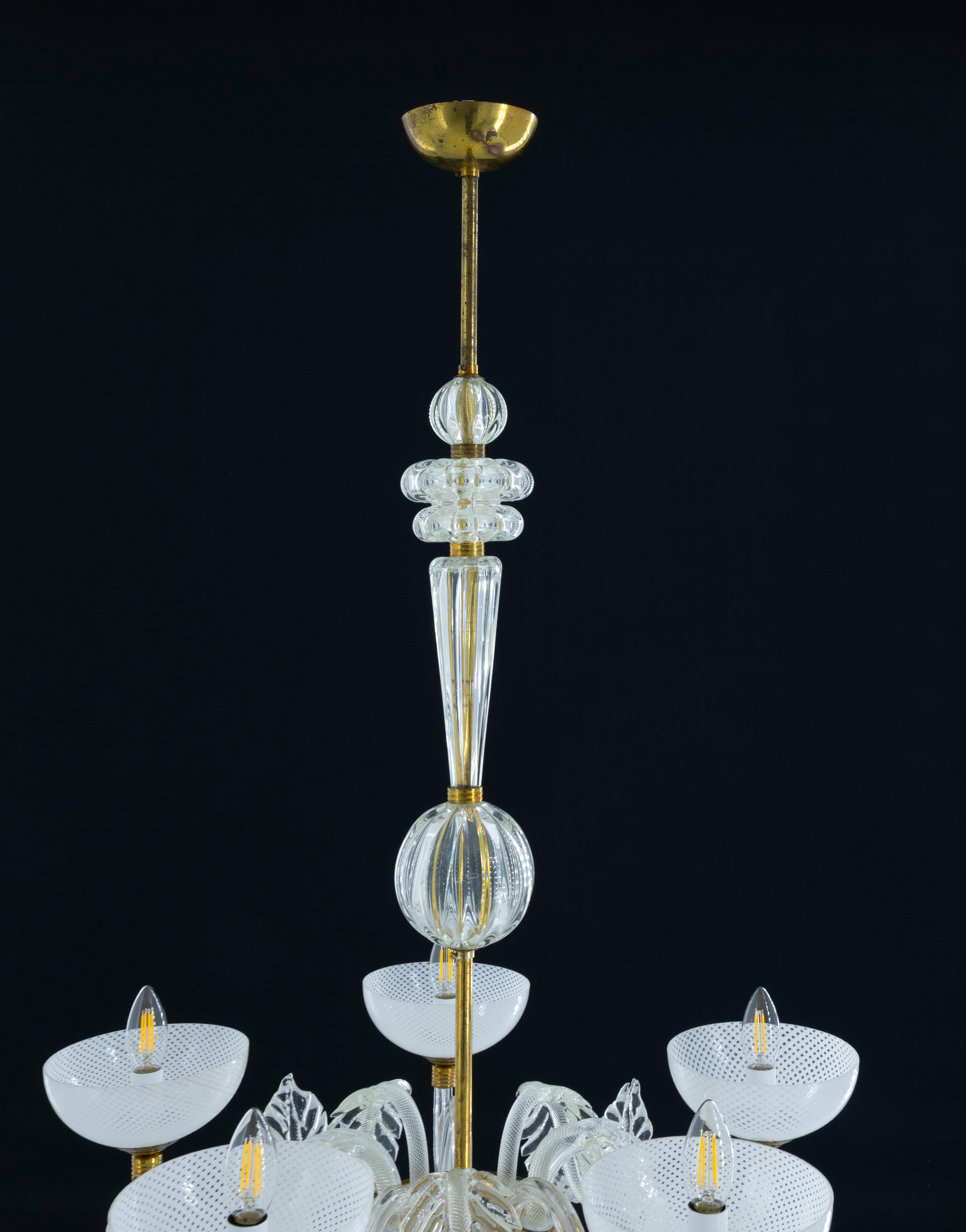 Murano Glass Chandelier with Delicate White Shades and Gilded Accents from 20th For Sale 1