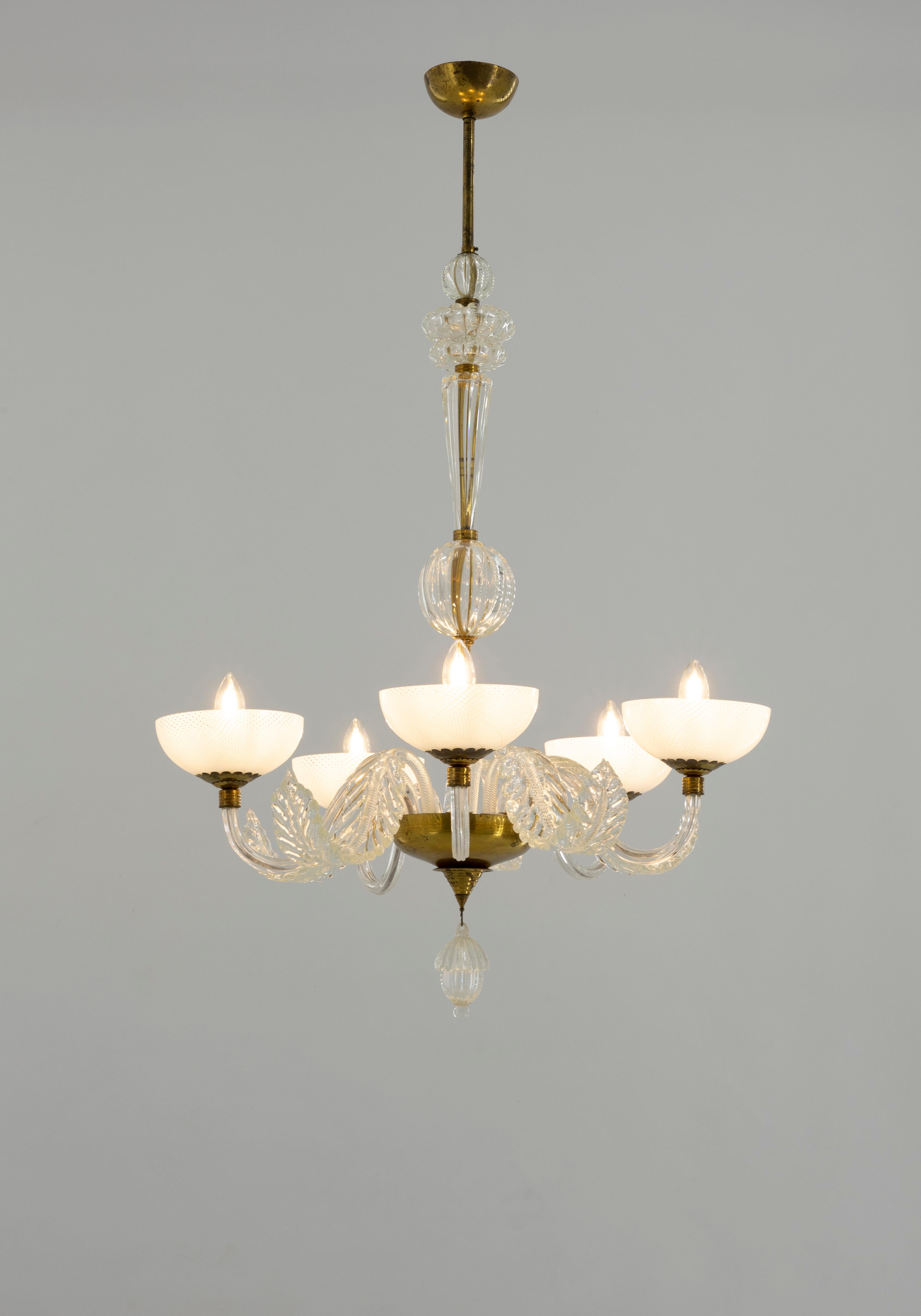 Murano Glass Chandelier with Delicate White Shades and Gilded Accents from 20th For Sale 2