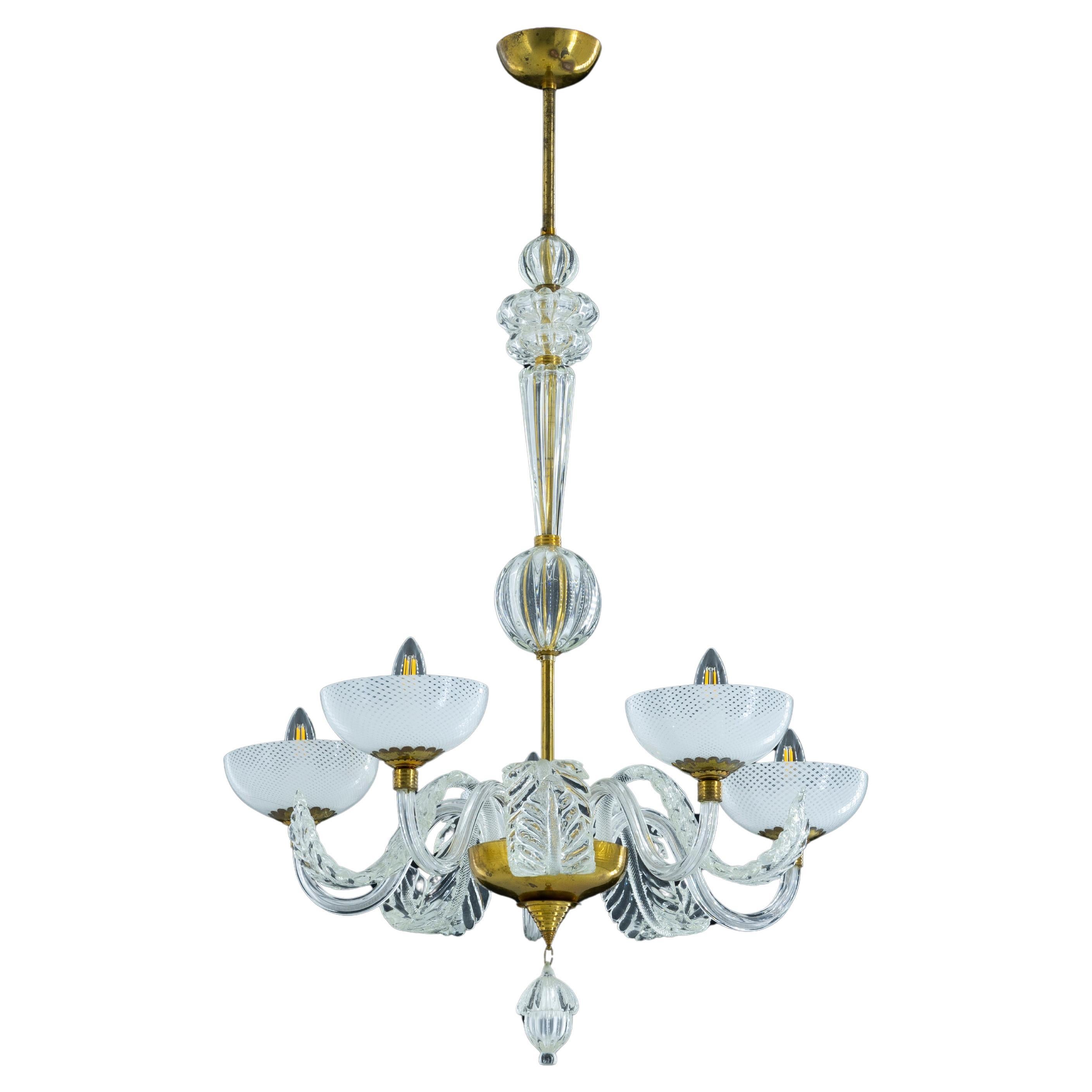 Murano Glass Chandelier with Delicate White Shades and Gilded Accents from 20th For Sale