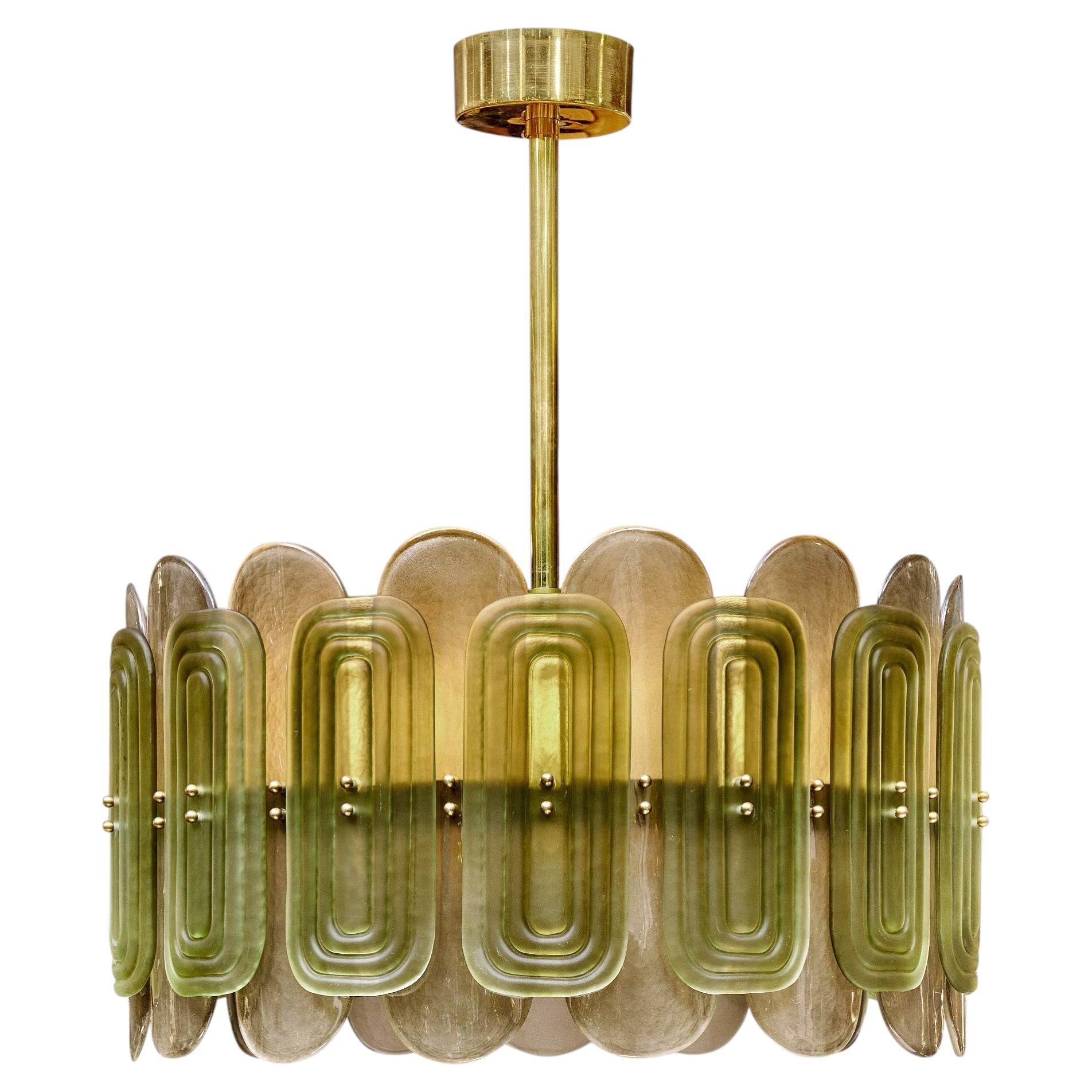 Murano Glass Chandelier with Green & Smoked Finish, Brass Frame