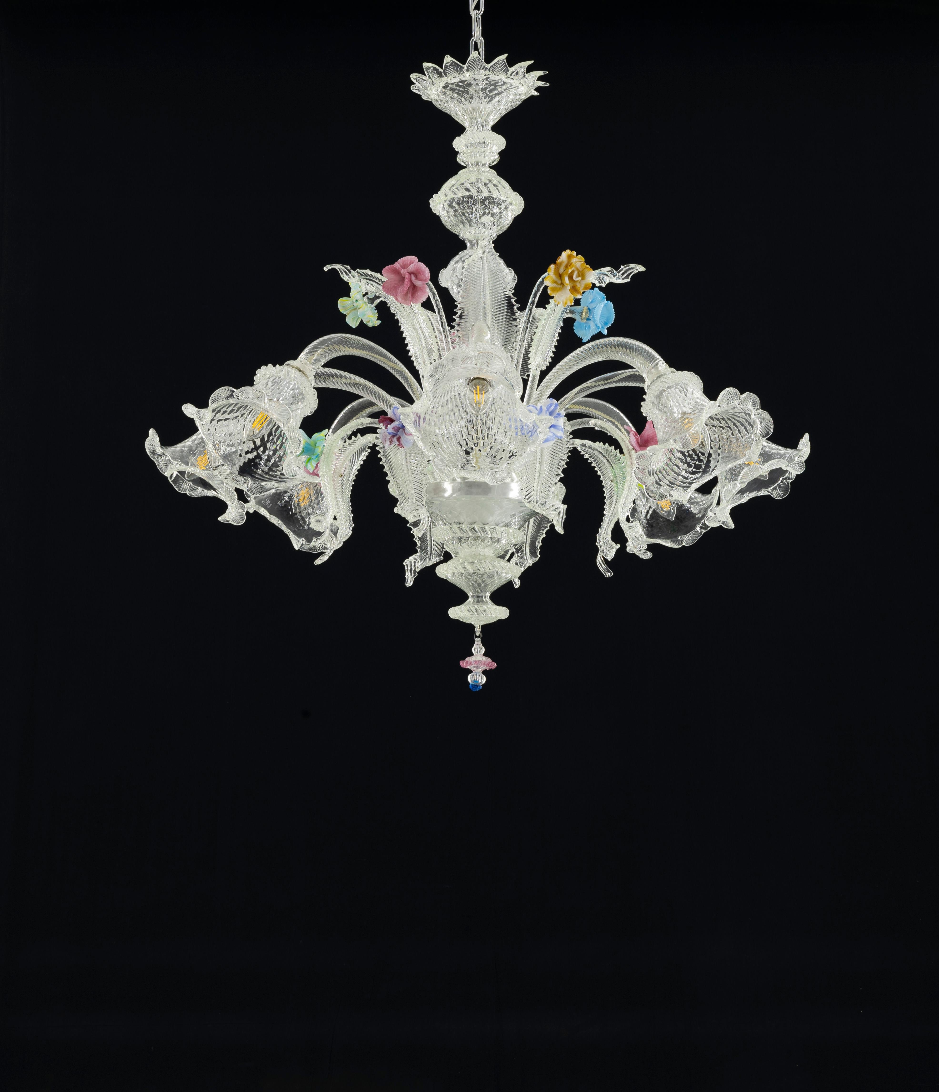 Exceptional Murano Glass Chandelier with Hand-Sculpted Floral Accents - A Rare Venetian Masterpiece.

Presenting an extraordinary Murano glass chandelier, a testament to the unparalleled artistry and timeless elegance of Venetian craftsmanship. This