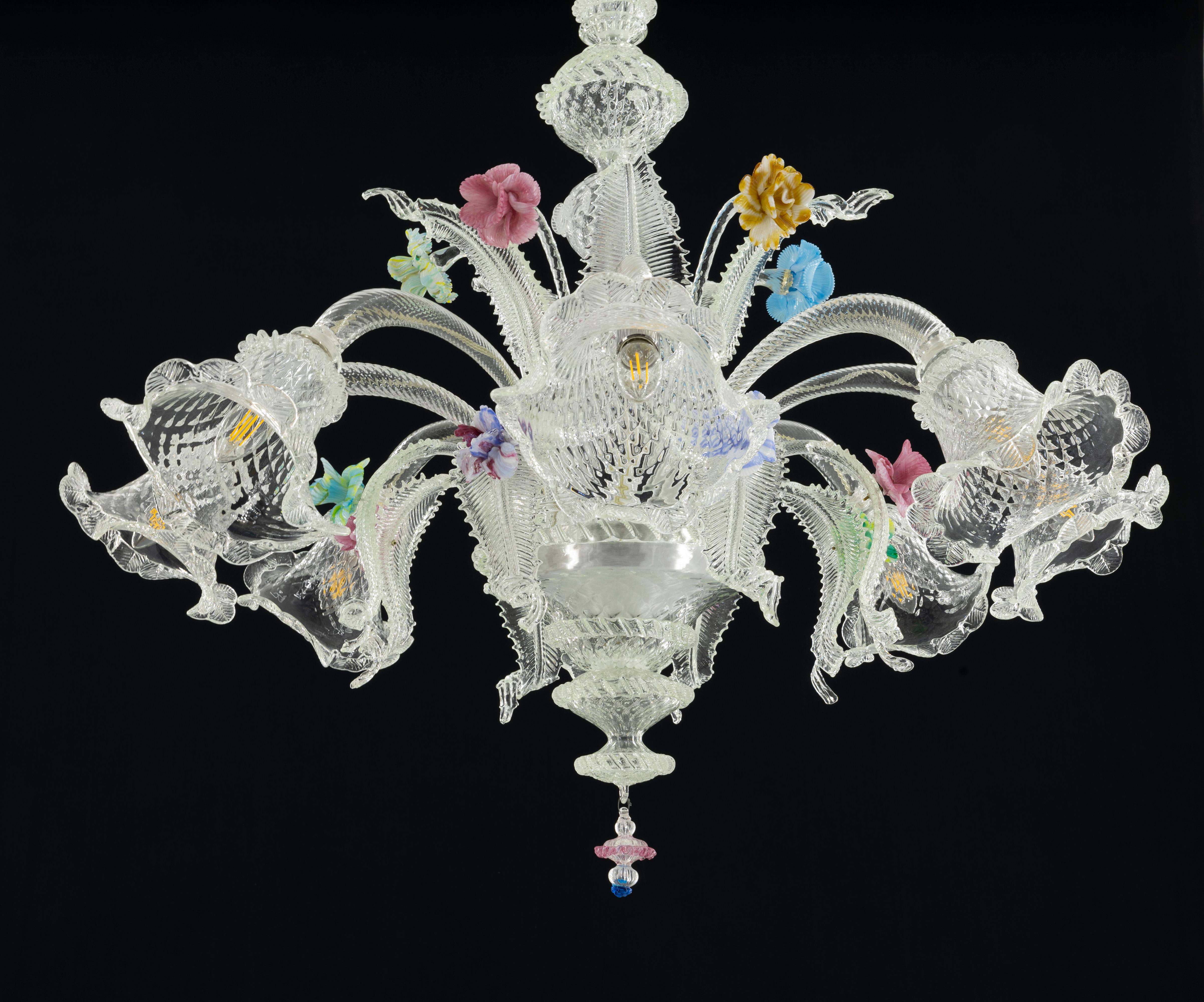 Baroque Murano Glass Chandelier with Hand-Sculpted Floral Accents a venetian masterpiece For Sale