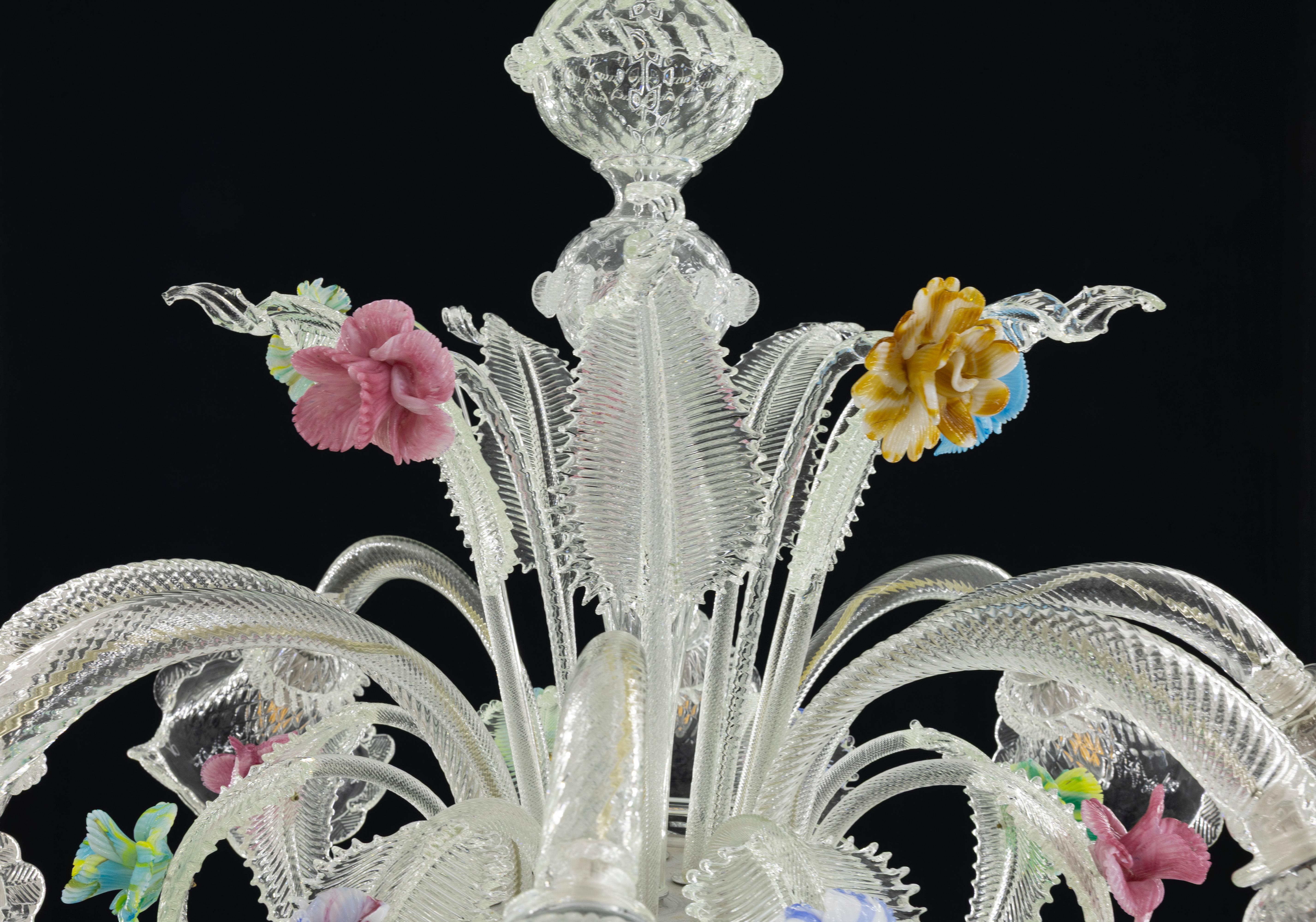Hand-Crafted Murano Glass Chandelier with Hand-Sculpted Floral Accents a venetian masterpiece For Sale