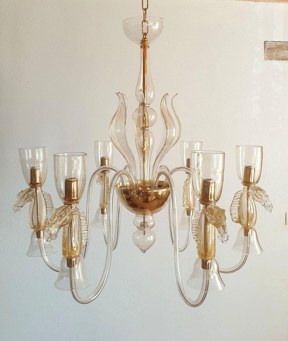 Mid-Century Modern Murano Glass Chandelier with Horse Decor For Sale