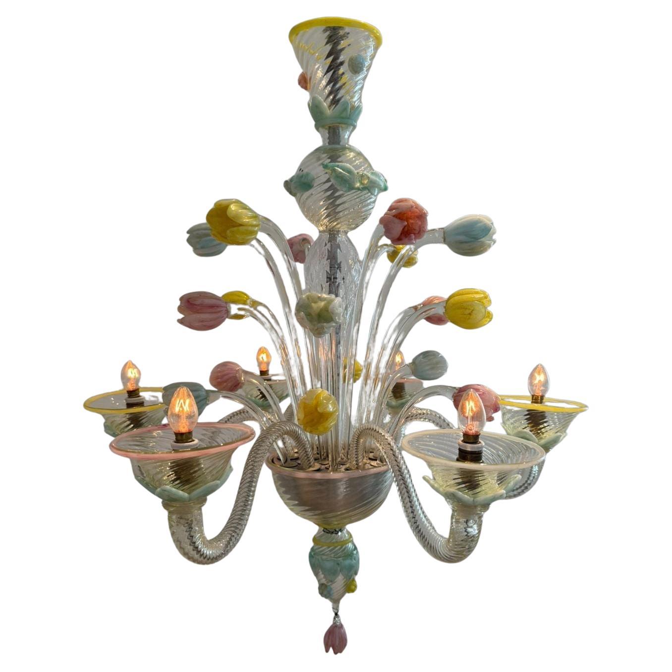 Murano Glass Chandelier with Tulips attributed to Seguso, Italy 1930s