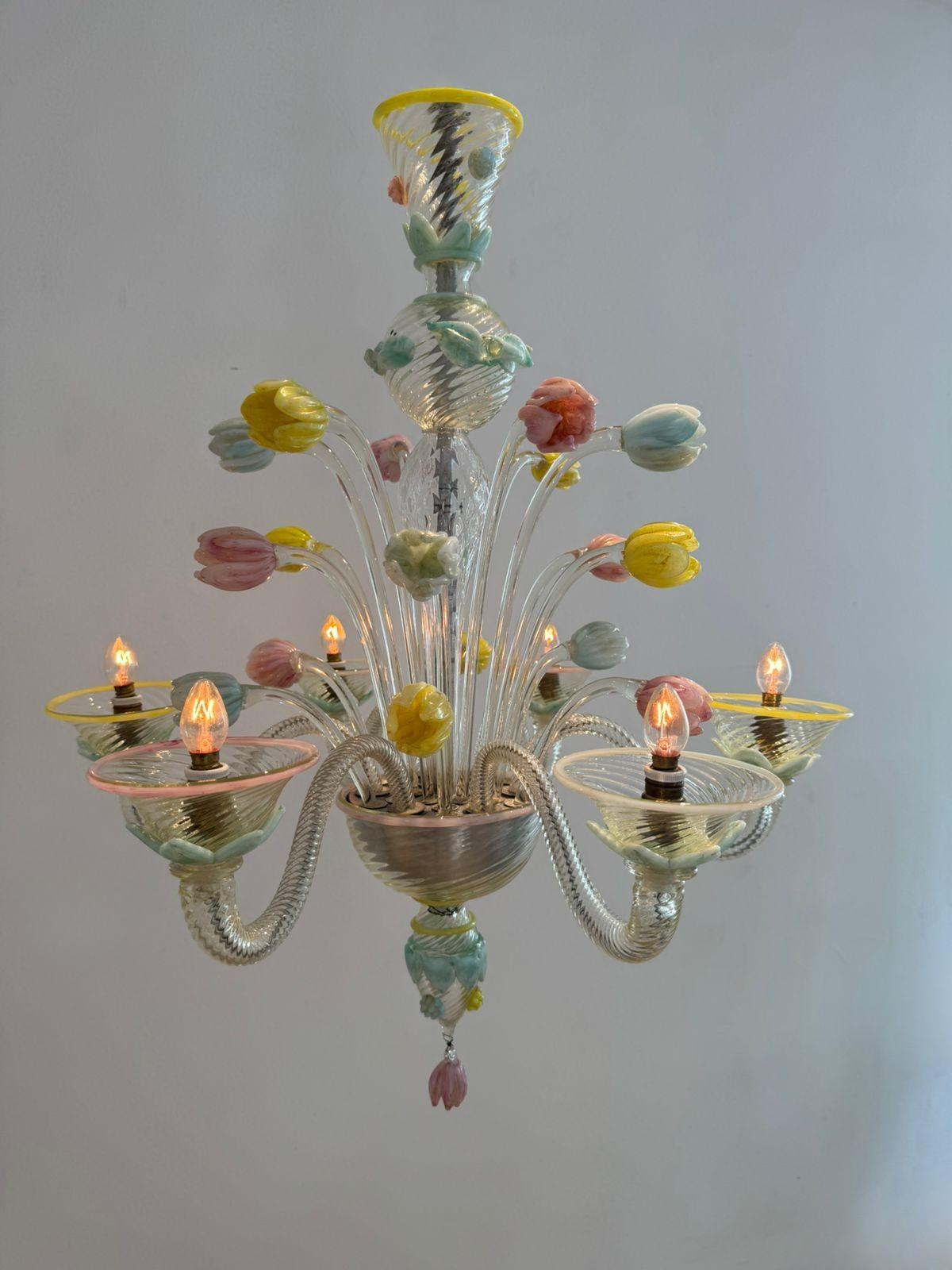 Murano Glass Chandelier with Tulips attributed to Seguso, Italy 1930s 4