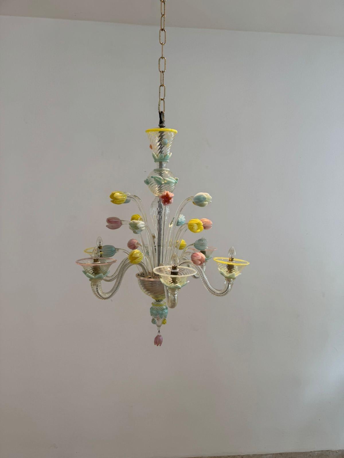 Art Deco Murano Glass Chandelier with Tulips attributed to Seguso, Italy 1930s