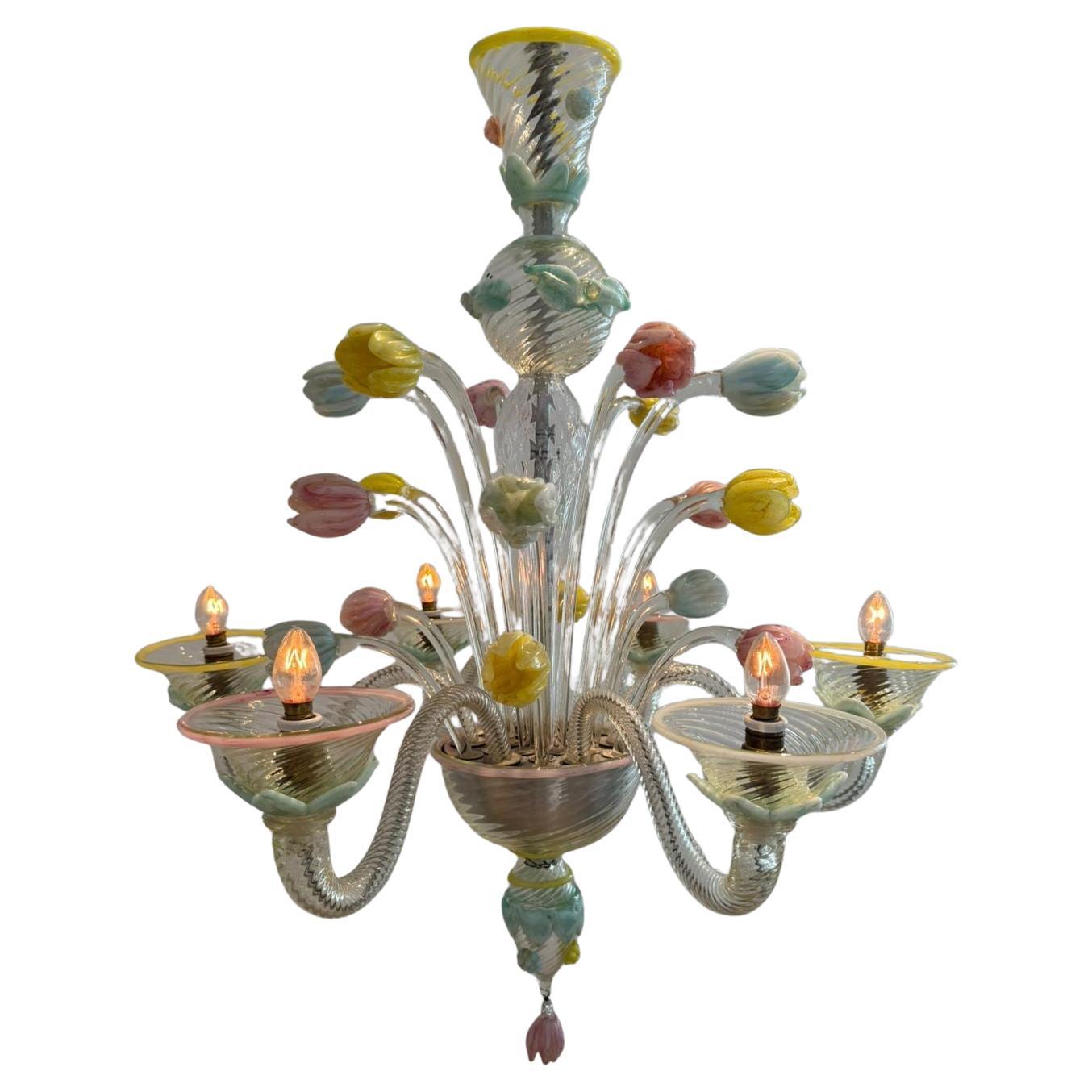 Murano Glass Chandelier with Tulips attributed to Seguso, Italy 1930s