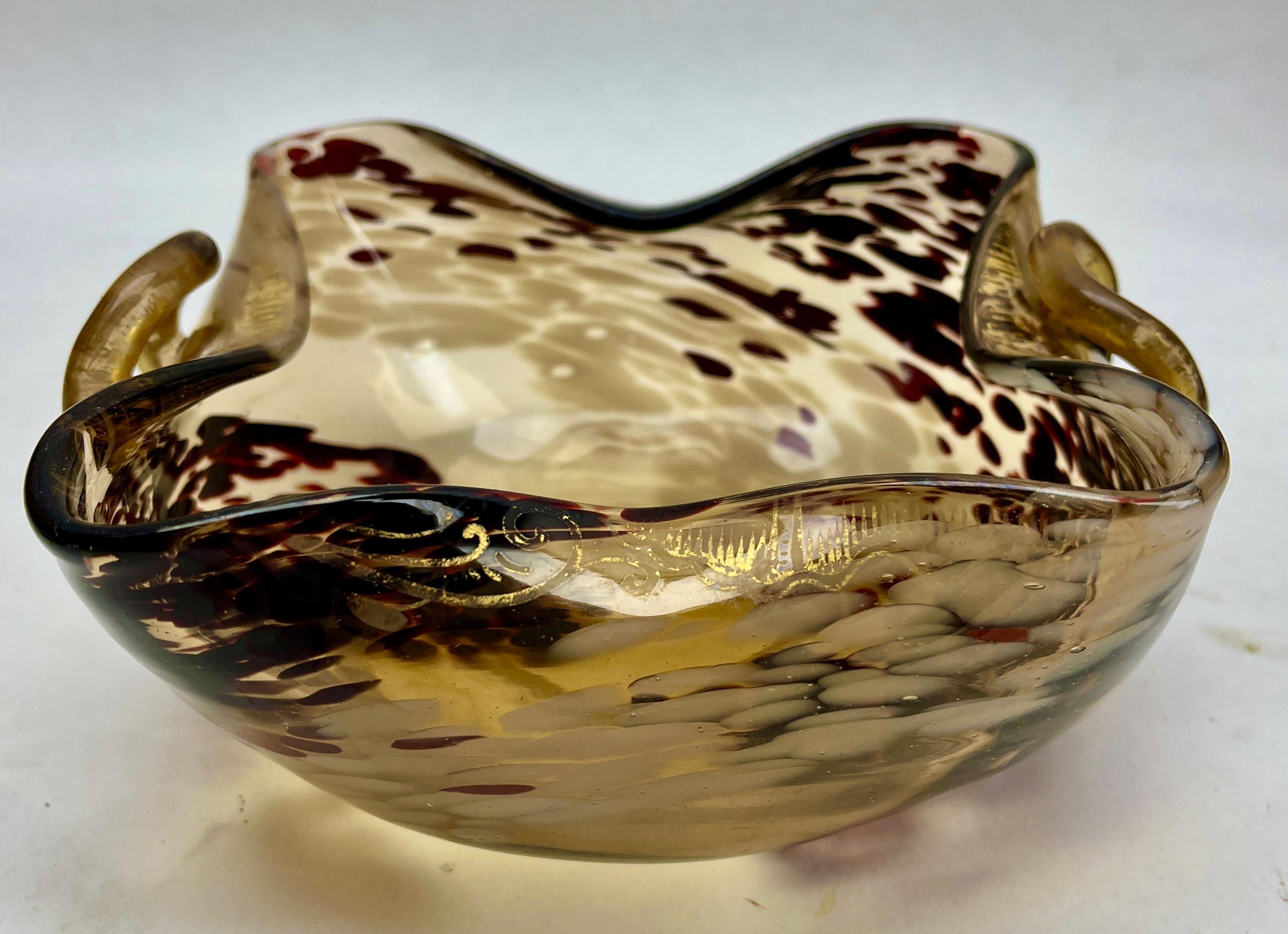 Hand-Painted Murano Glass Chartreuse and Gold Deco Ruffle Biomorphic Bowls of 1950s For Sale