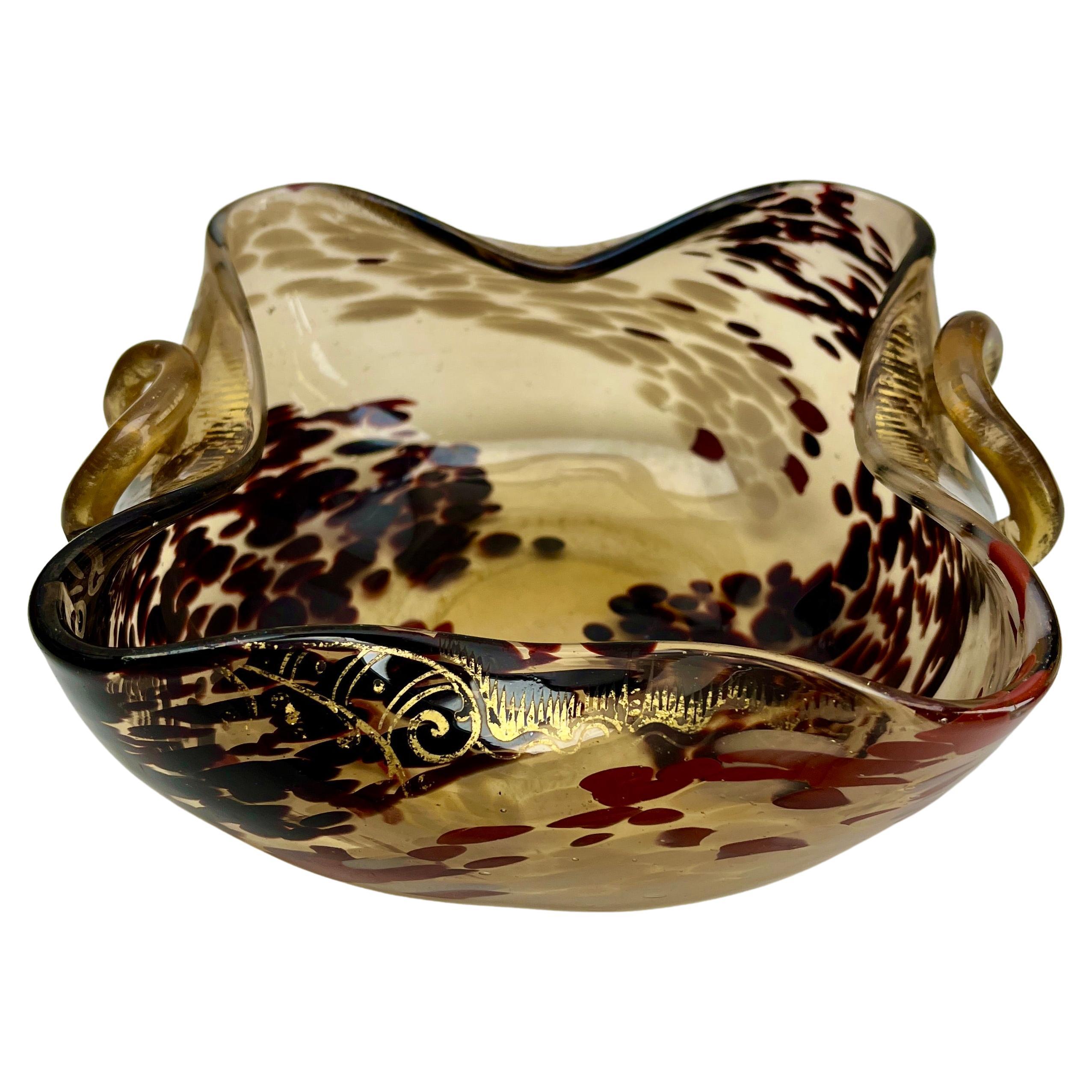 Murano Glass Chartreuse and Gold Deco Ruffle Biomorphic Bowls of 1950s For Sale