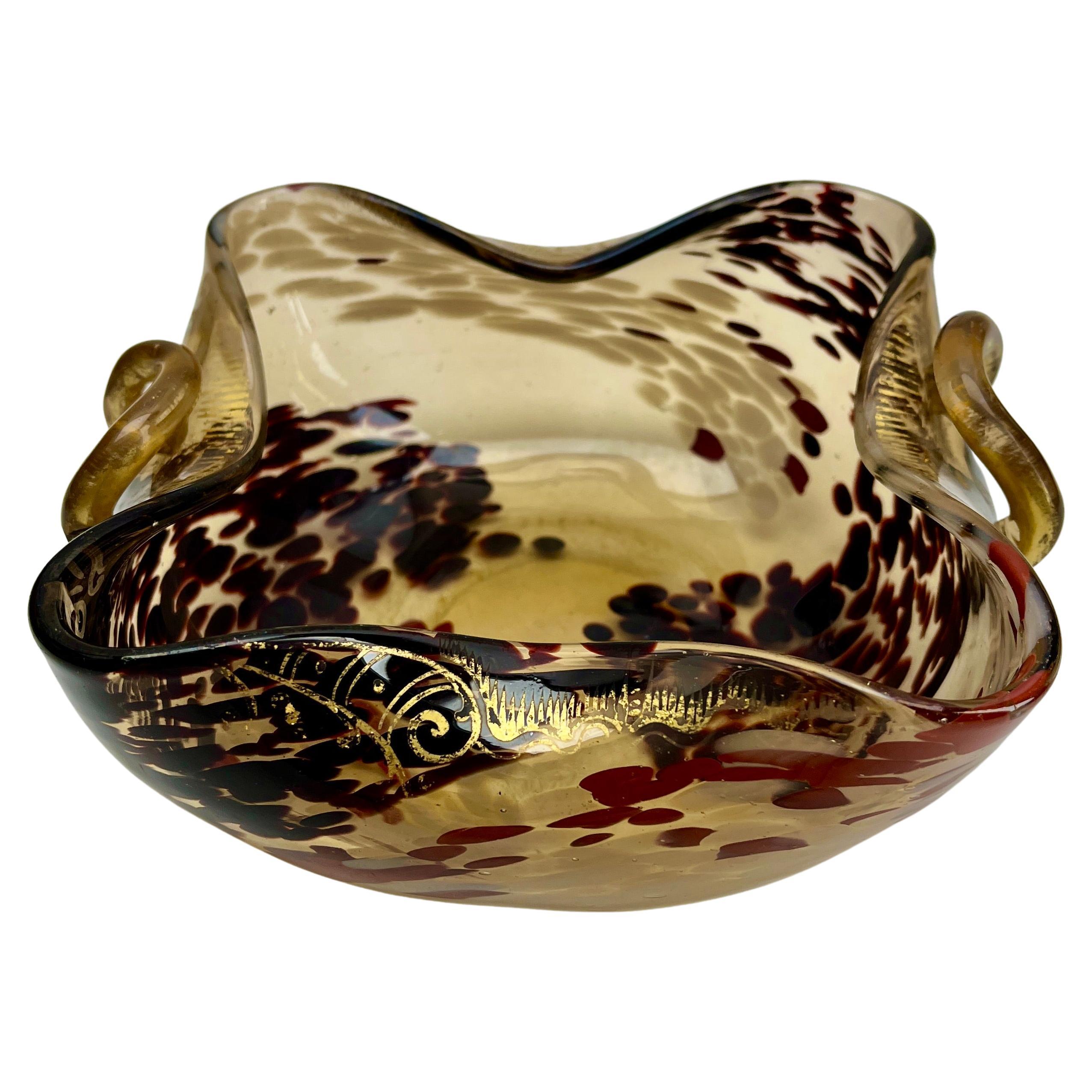 Murano Glas Chartreuse und Gold Deco Ruffle biomorphe Schalen der 1950er Jahre im Angebot