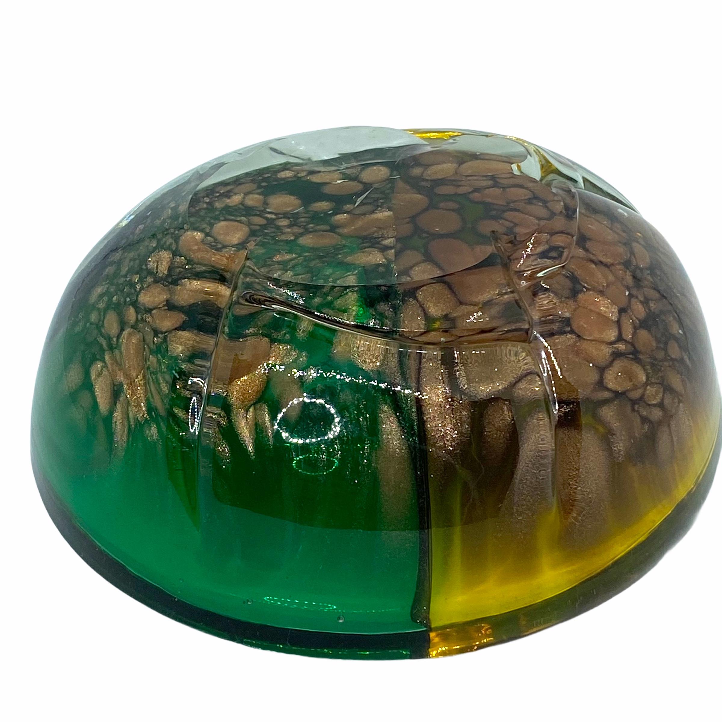 Mid-Century Modern Murano Glass Cigar Ashtray Catchall Green, Gold and Yellow Vintage, Italy, 1970s