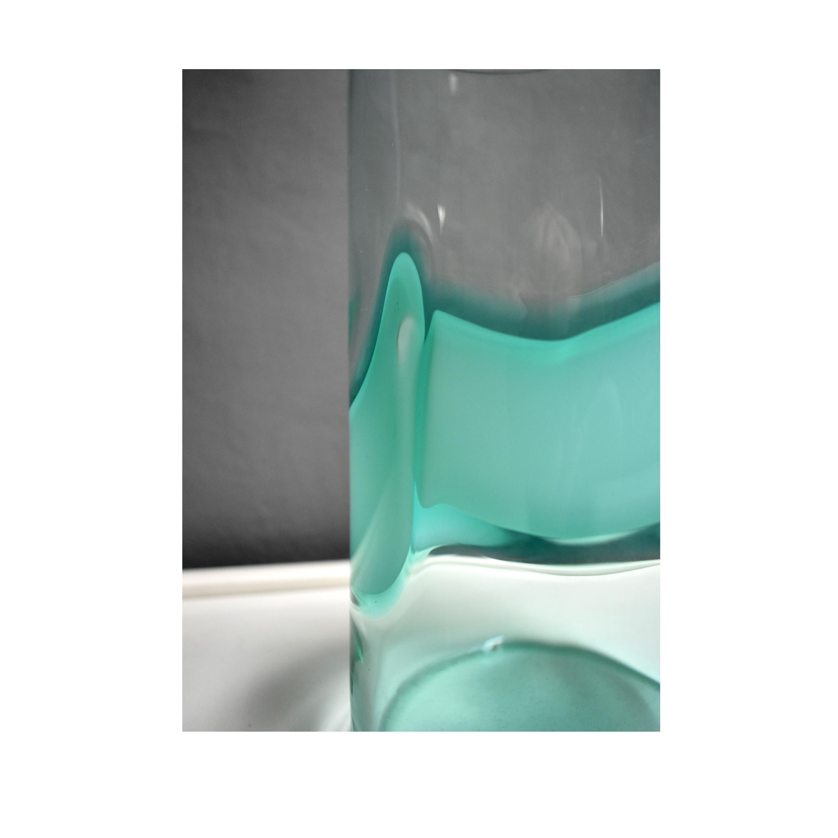 Italian Murano Glass Cilindrical Vase Produced by v. Nason&C: Transparent/Sea Water Blue For Sale