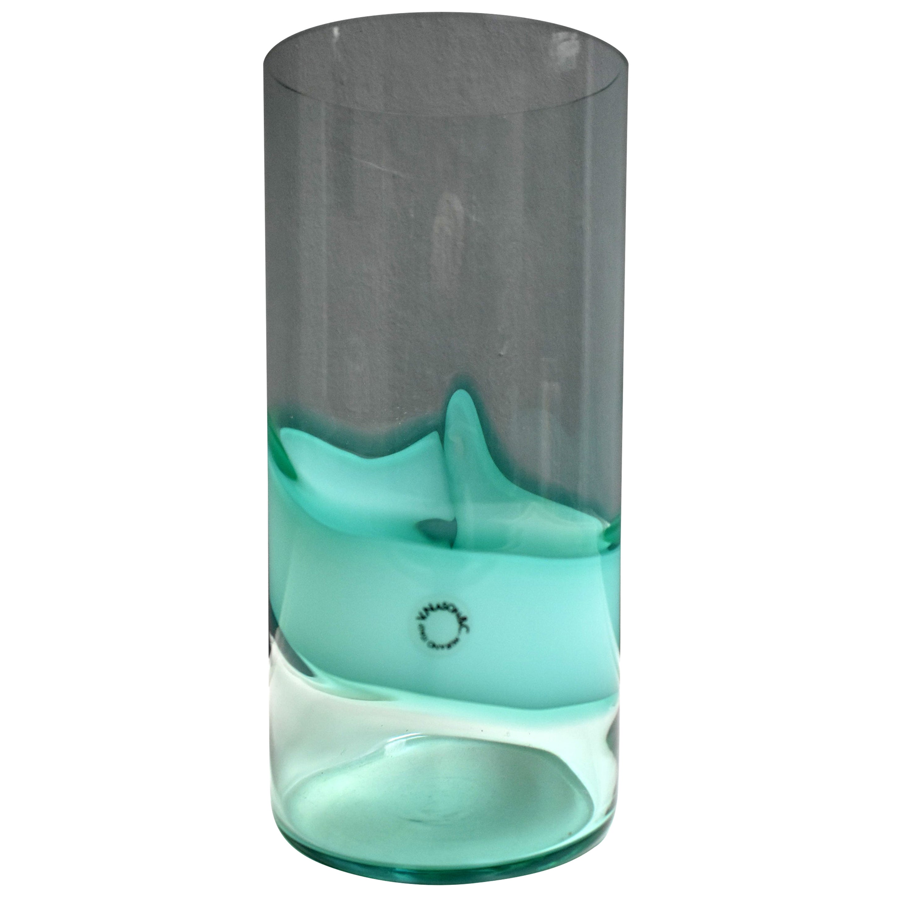 Vase cylindrique en verre de Murano produit par v. Nason&C : Transparent/Sea Water Blue en vente