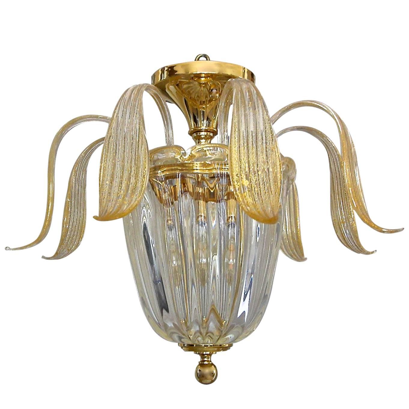 Murano Glass Clear and Gold Inclusions Flush Mount Ceiling Light