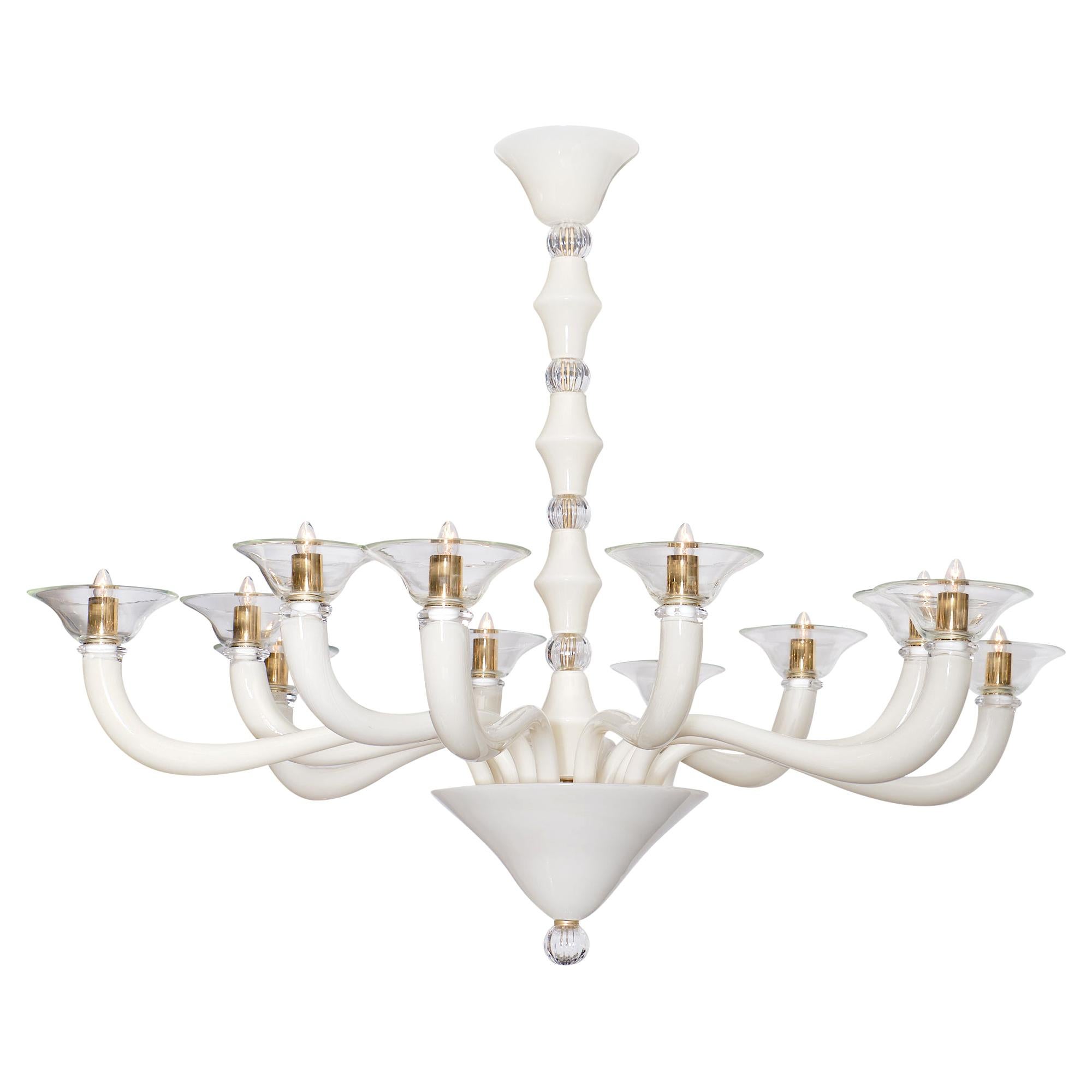 Murano Glass Clear and Ivory Chandelier For Sale