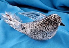 8" Murano Glas klar umhüllt Silber Blatt Vogel Skulptur, beschriftet, Oball