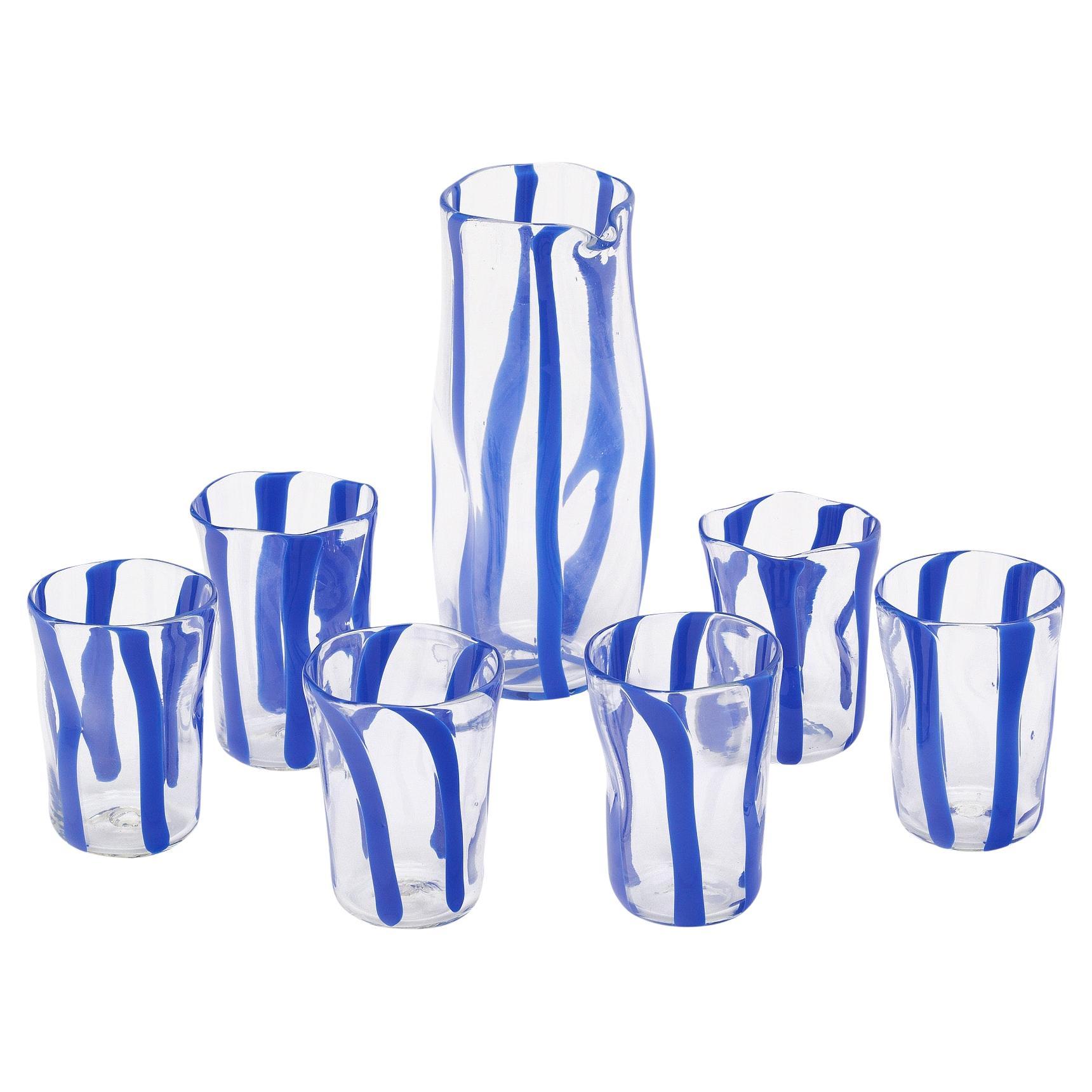 Murano Glass Cobalt Blue Carafe And Glasses For Sale