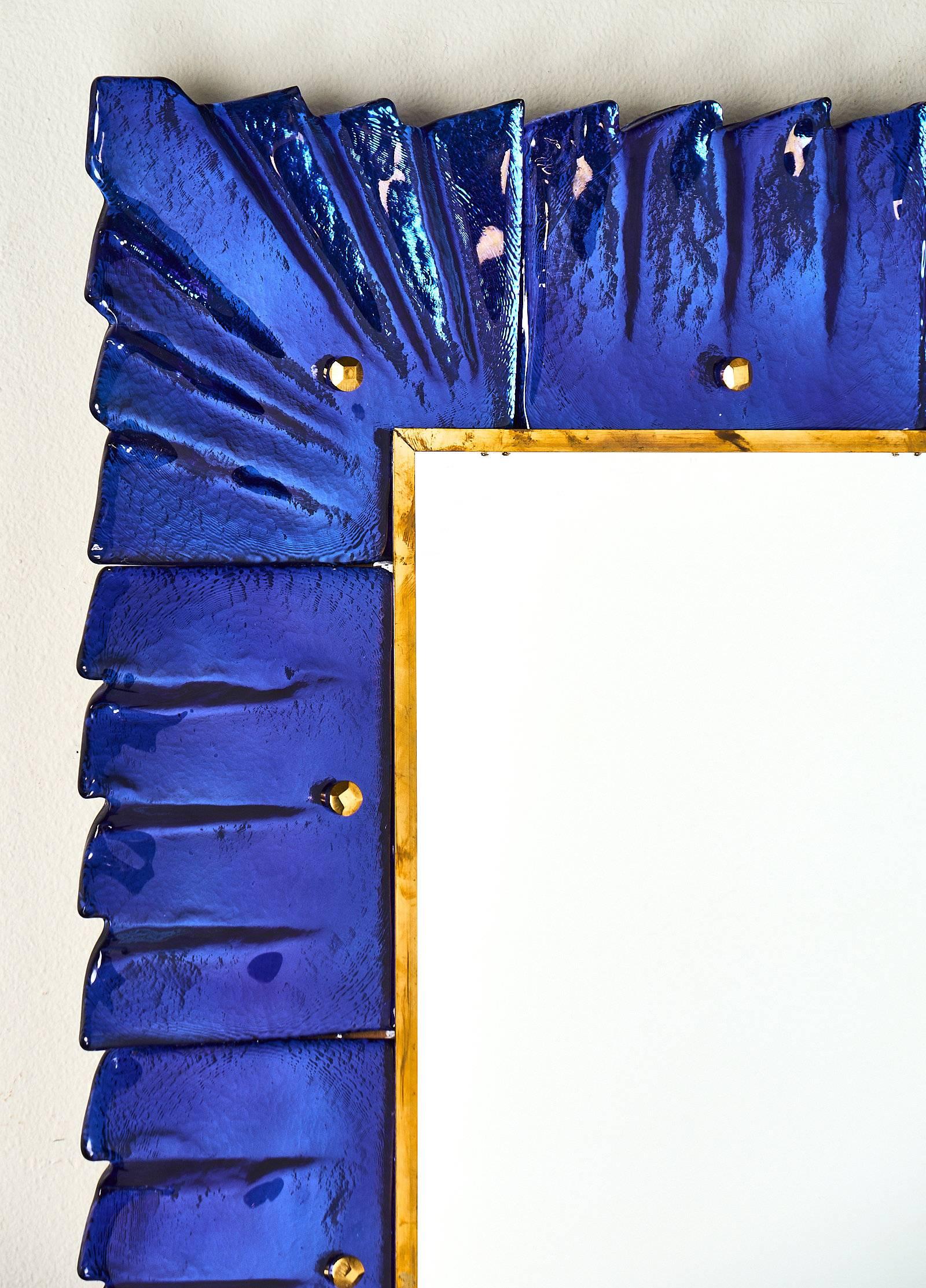 Brass Murano Glass Cobalt Blue Mirrors For Sale