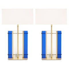 Murano Glass Cobalt Tormalina Slab Lamps with Brass Base, Italy