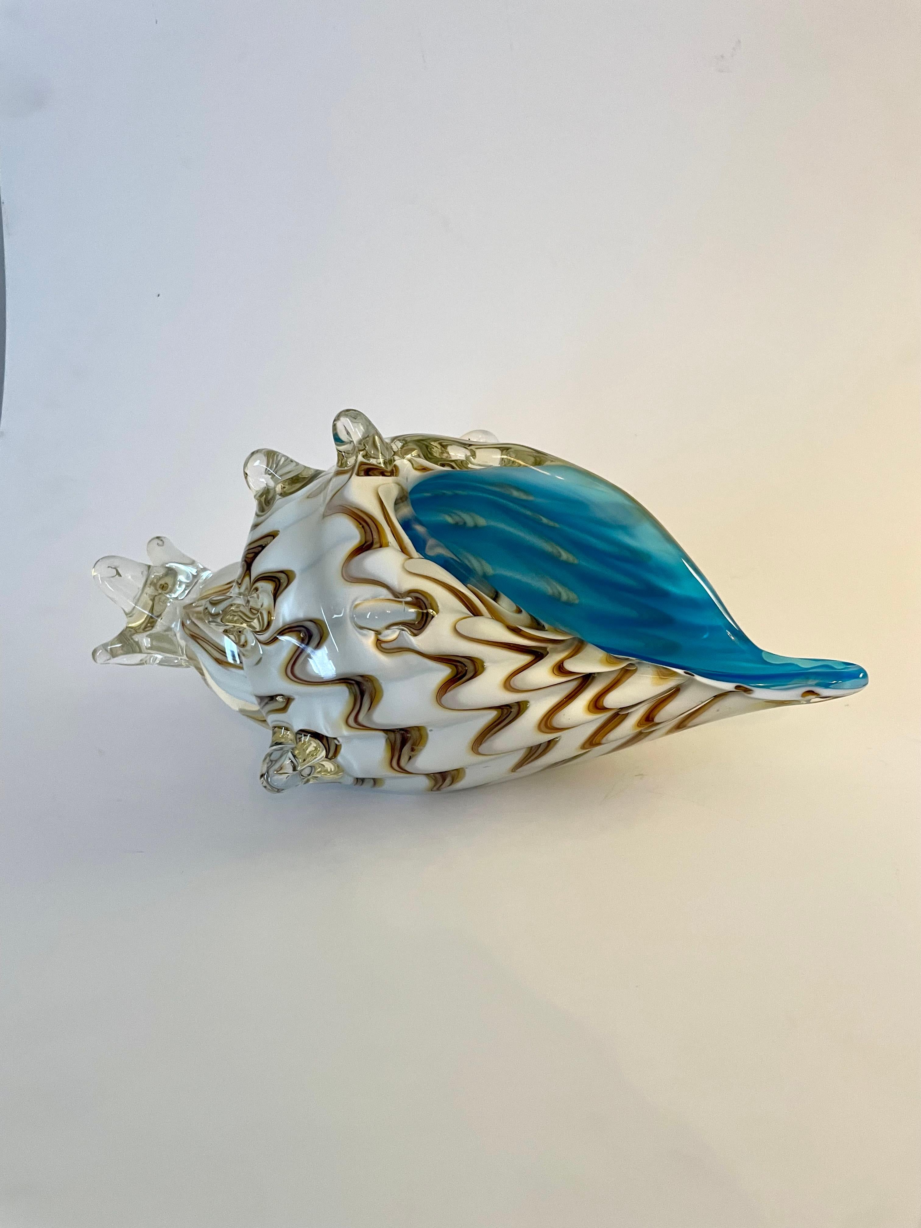 20th Century Murano Glass Conch Shell With Blue Accent