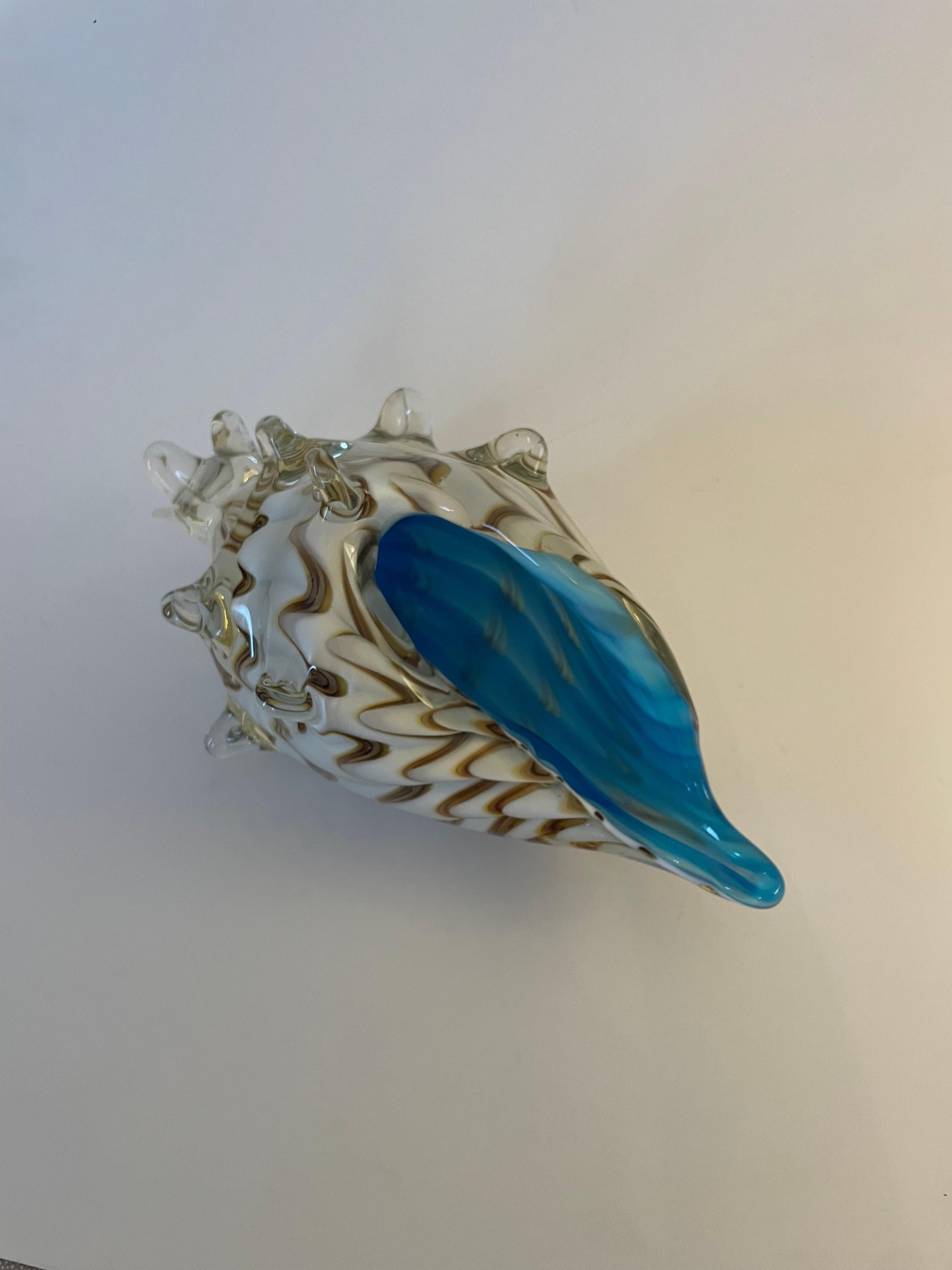 Art Glass Murano Glass Conch Shell With Blue Accent