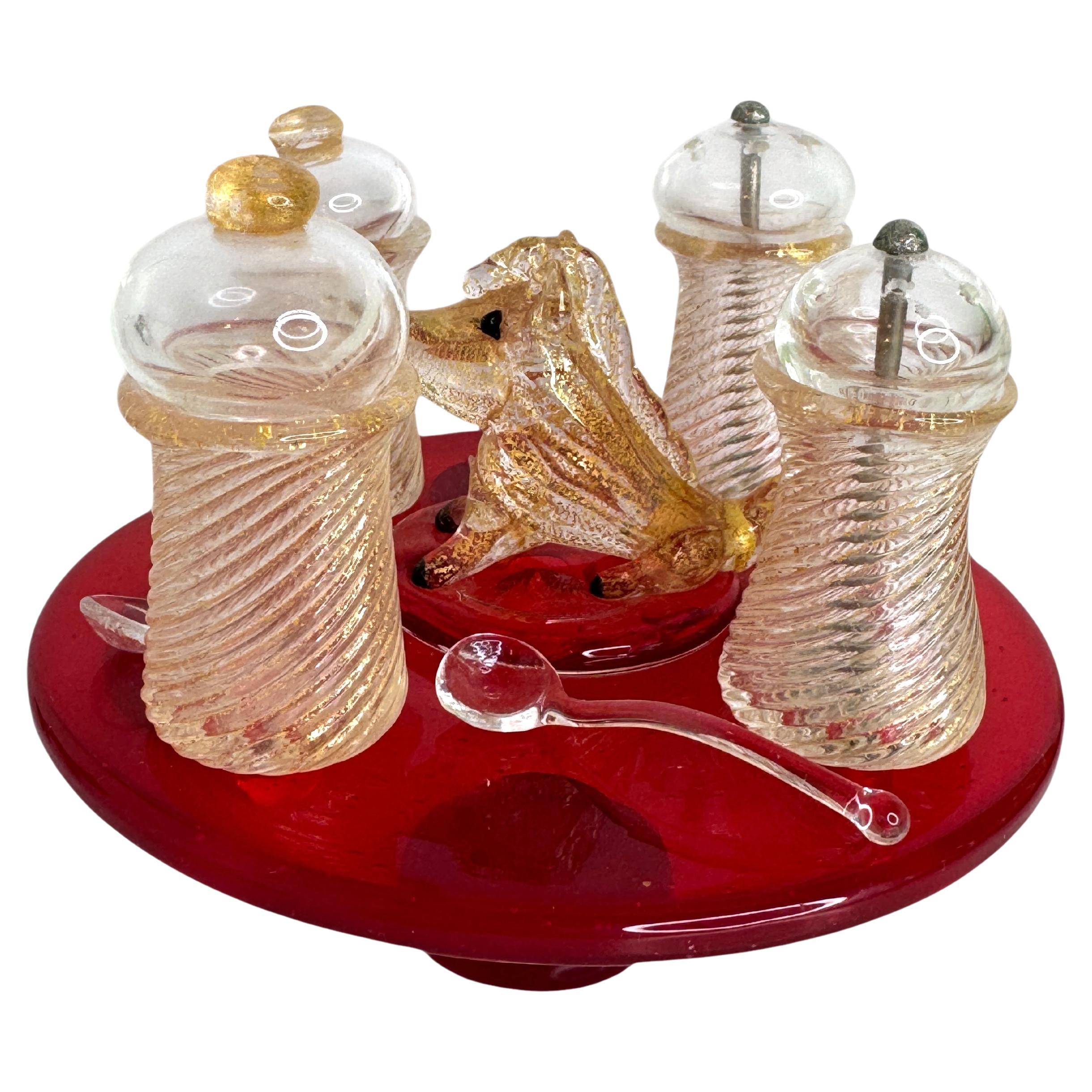 Murano Glass Condiment Set attrib. Barovier&Toso, Wild Boar Handle, Italy For Sale