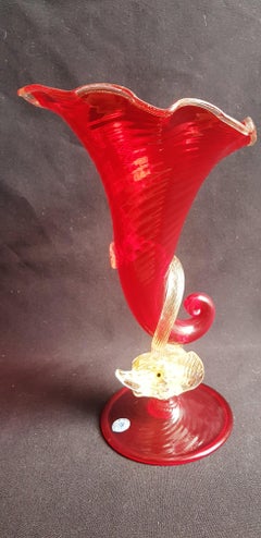 Murano Glass Cornucopia Vase with Gold Leaf by Barovier and Toso