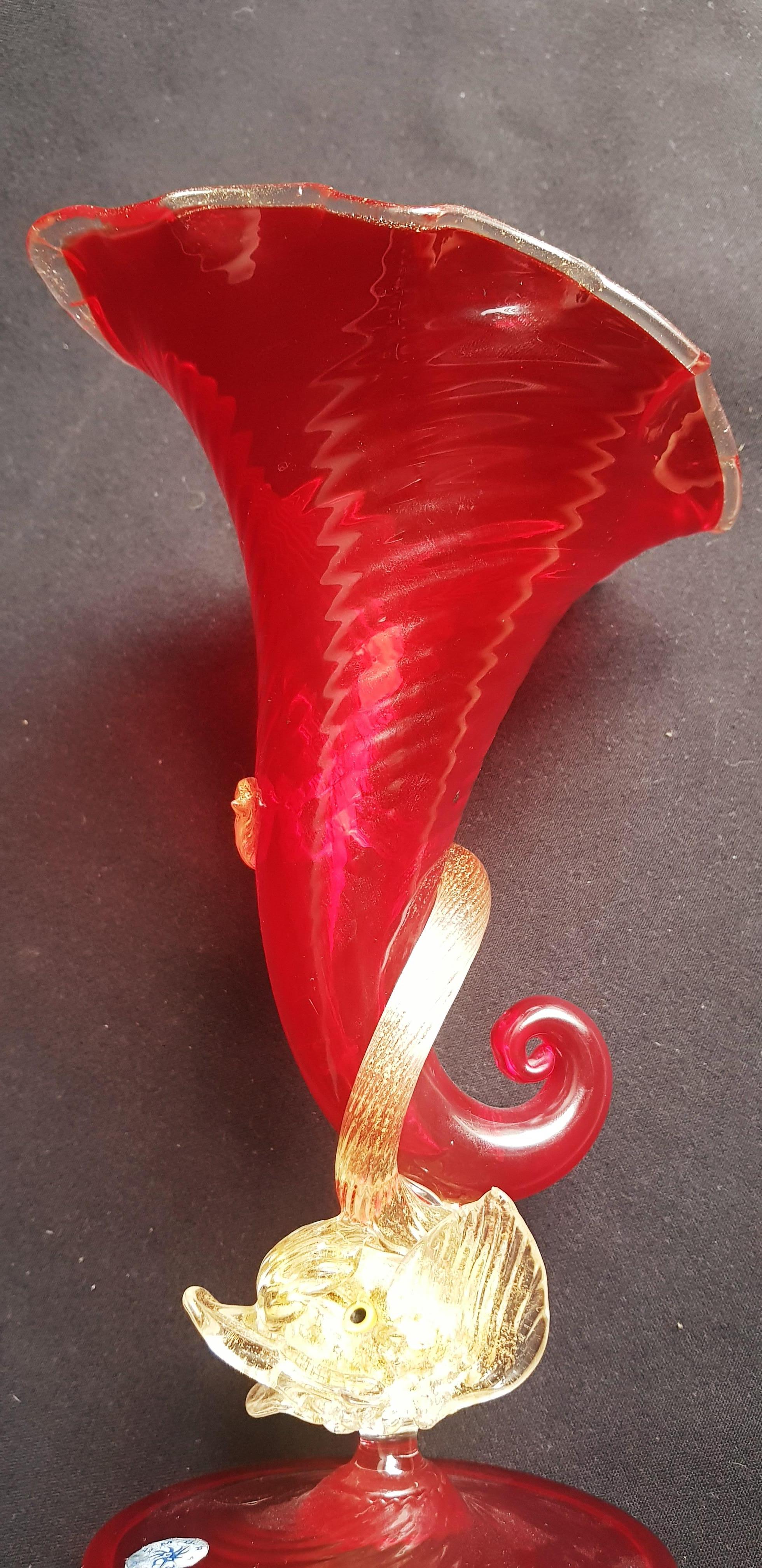 Murano Glass Cornucopia Vase with Gold Leaf by Barovier and Toso For