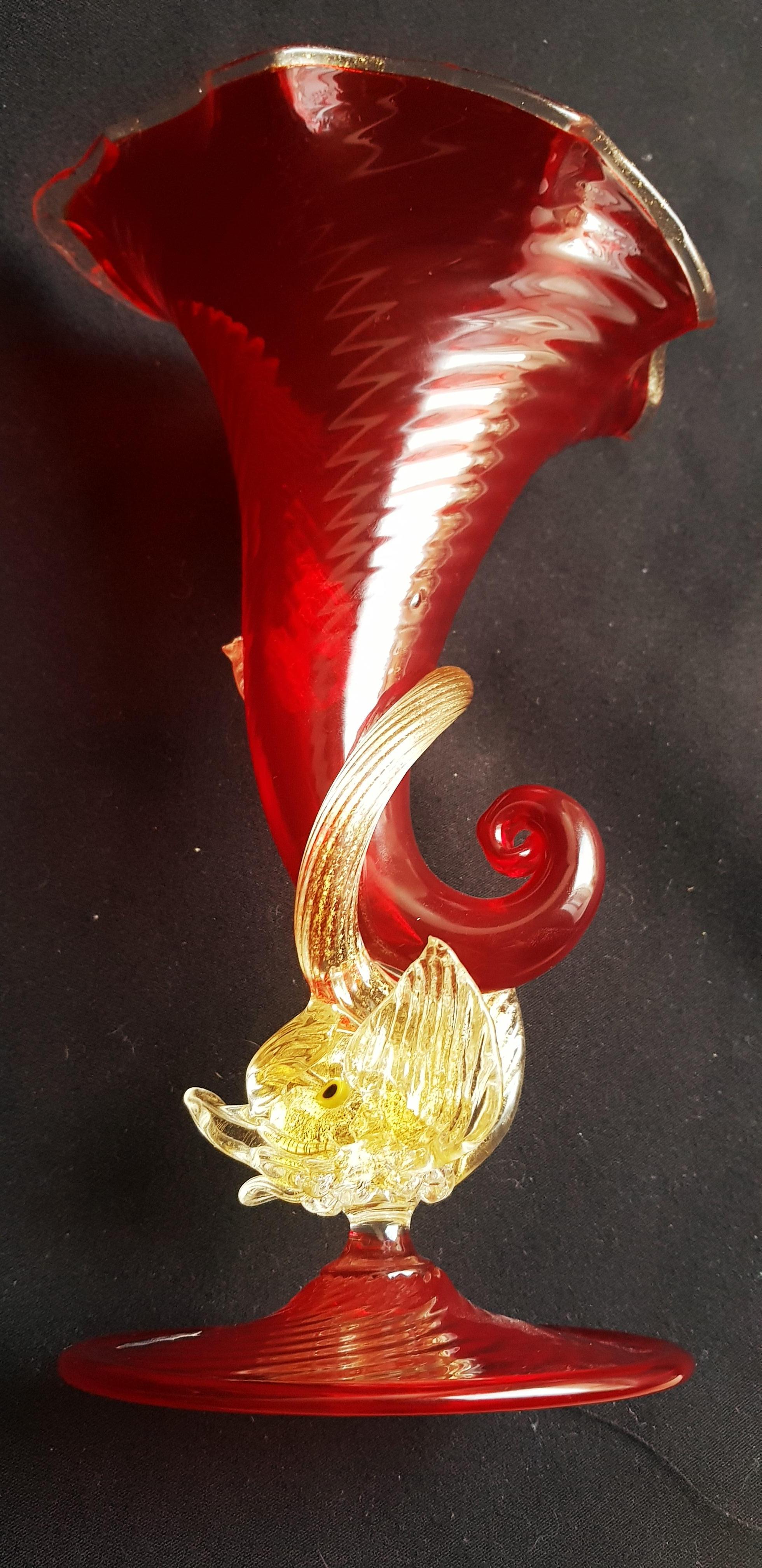 Murano Glass Cornucopia Vase with Gold Leaf by Barovier and Toso For