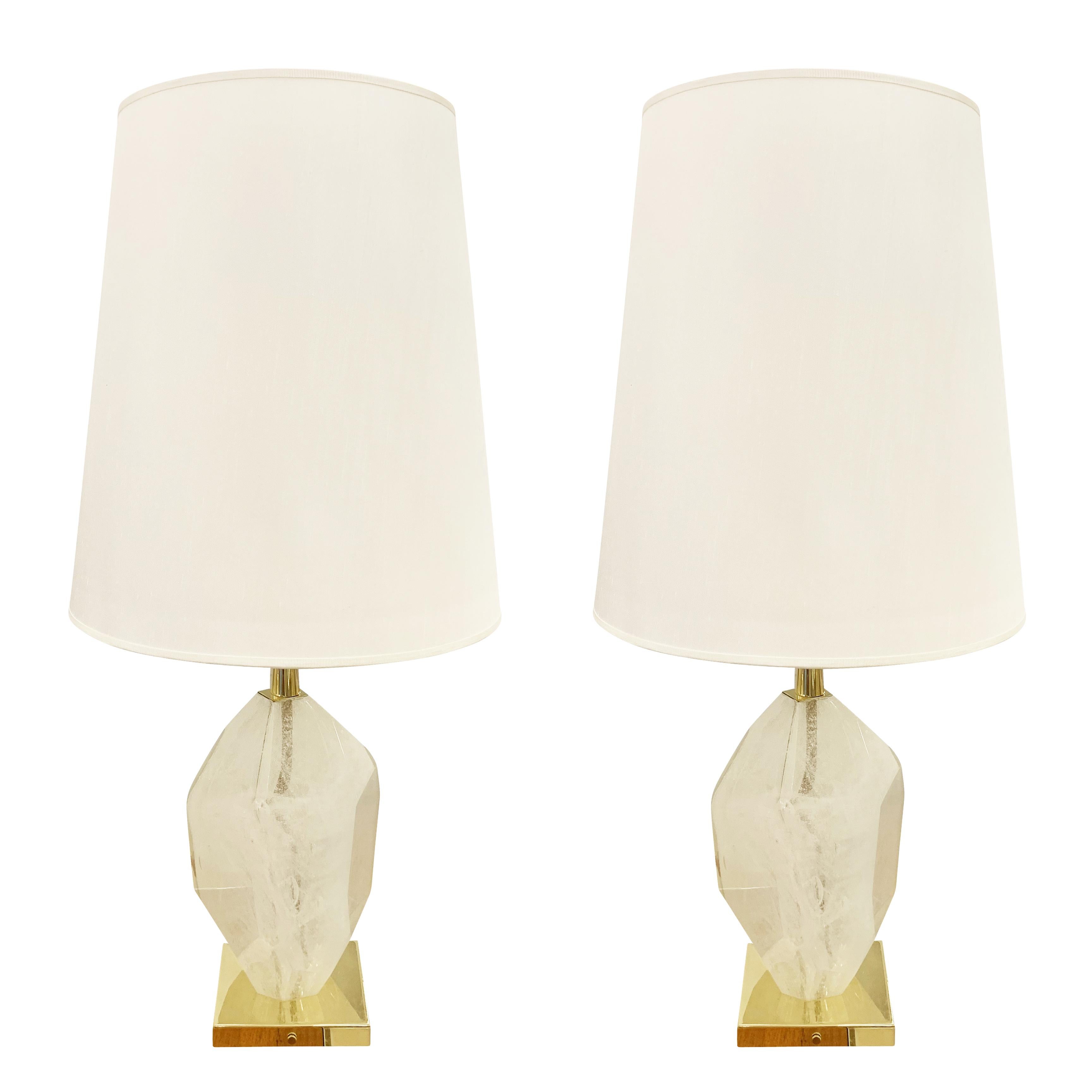 Contemporary table lamps featuring a beautiful glass crystal handblown in  Murano. Brass hardware. Price per lamp-two available.

Condition: Minor wear consistent with age and use. Shade not included.

Diameter: 6.5”

Height: 18.5” (to top of harp