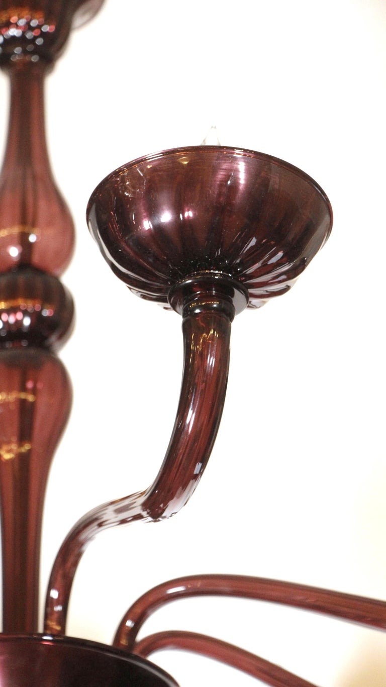 20th Century Murano Glass Dark Amethyst 8-Light Chandelier Hand-Blown For Sale