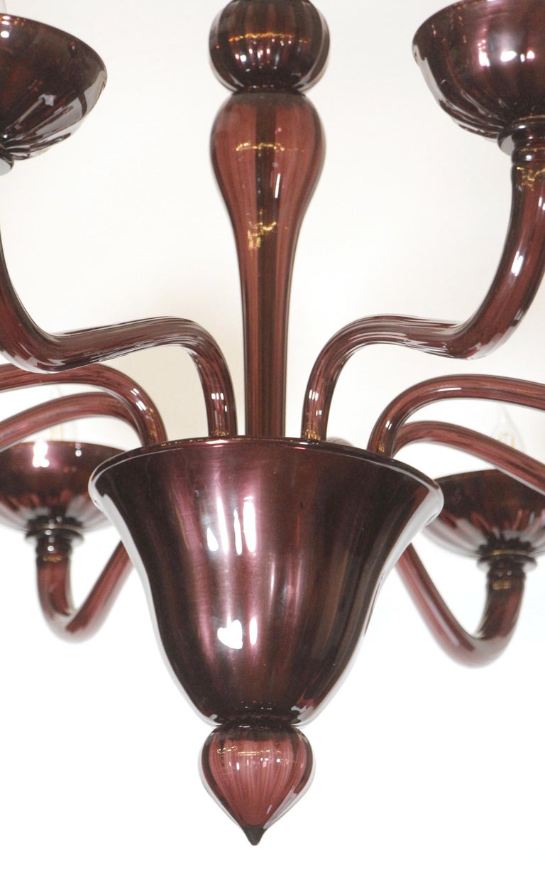Brass Murano Glass Dark Amethyst 8-Light Chandelier Hand-Blown For Sale