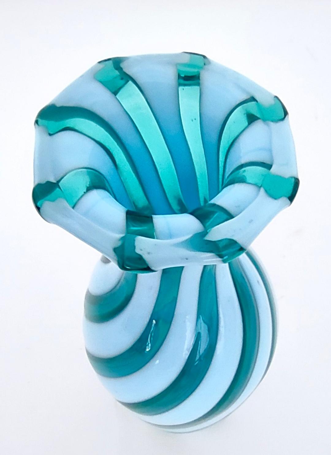 Murano Glass Decanter Ascribable to Toso with Teal and White Canes, Italy 4