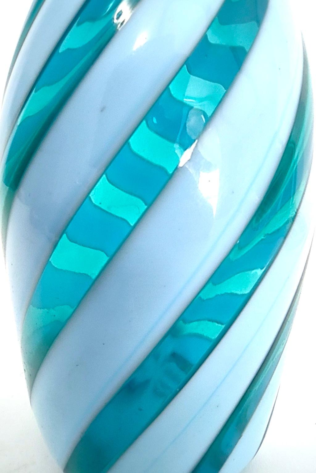 Murano Glass Decanter Ascribable to Toso with Teal and White Canes, Italy 6