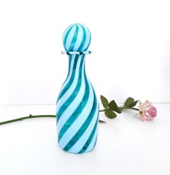 Murano Glass Decanter Ascribable to Toso with Teal and White Canes, Italy