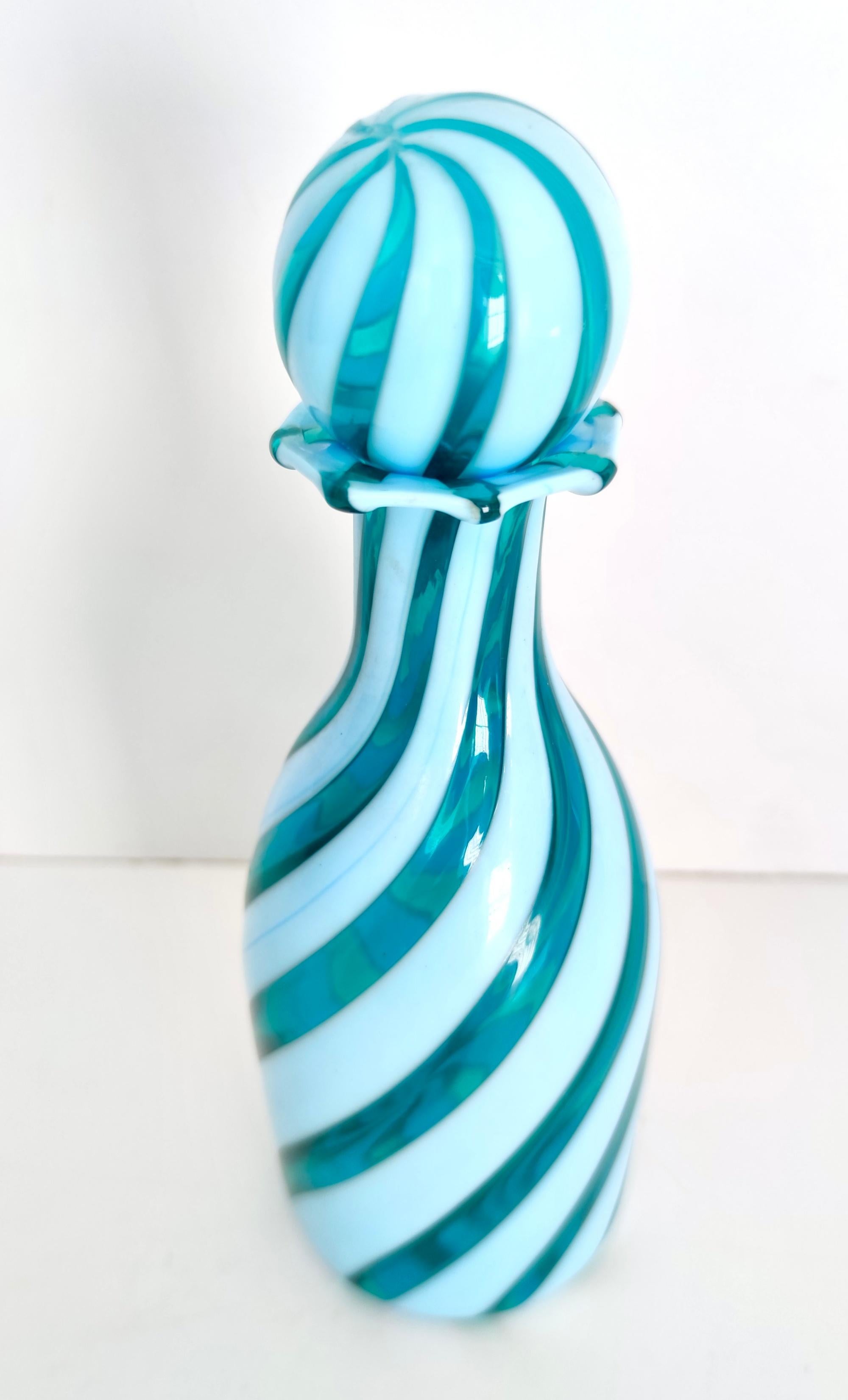 Italian Murano Glass Decanter Ascribable to Toso with Teal and White Canes, Italy