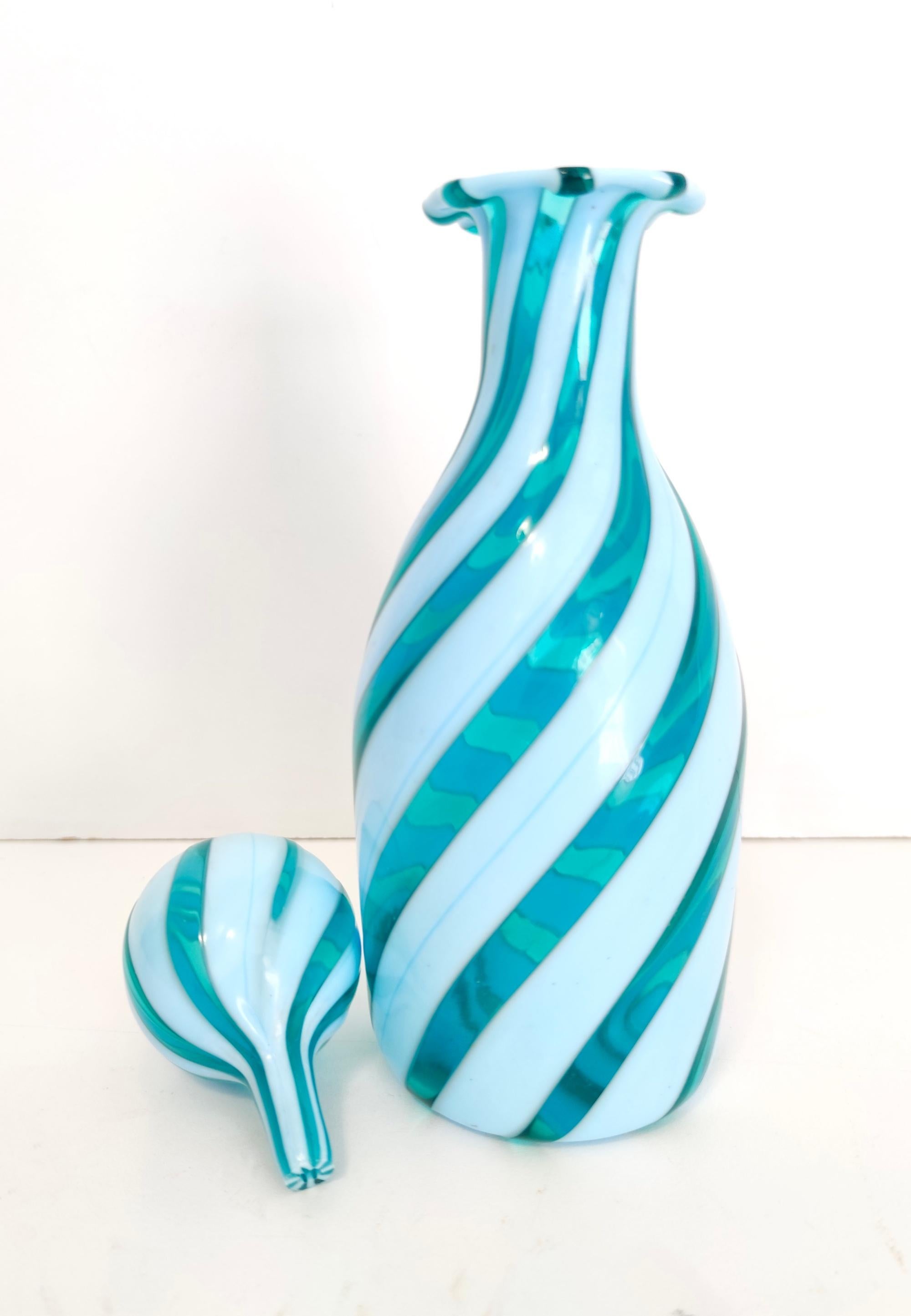 Mid-20th Century Murano Glass Decanter Ascribable to Toso with Teal and White Canes, Italy