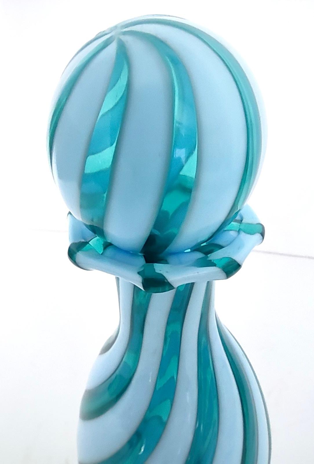 Murano Glass Decanter Ascribable to Toso with Teal and White Canes, Italy 1