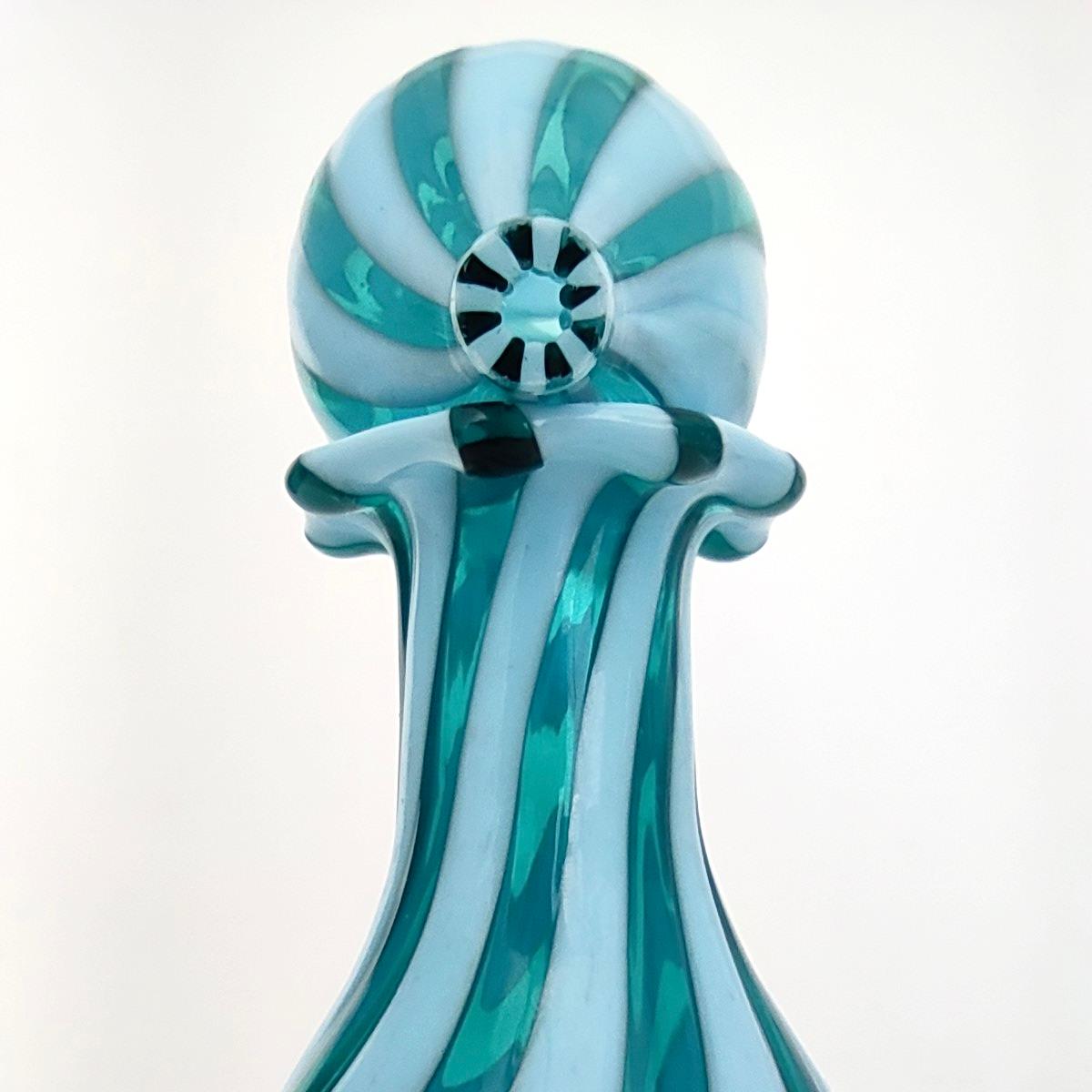 Murano Glass Decanter Ascribable to Toso with Teal and White Canes, Italy 2