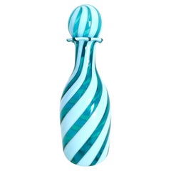 Murano Glass Decanter Ascribable to Toso with Teal and White Canes, Italy