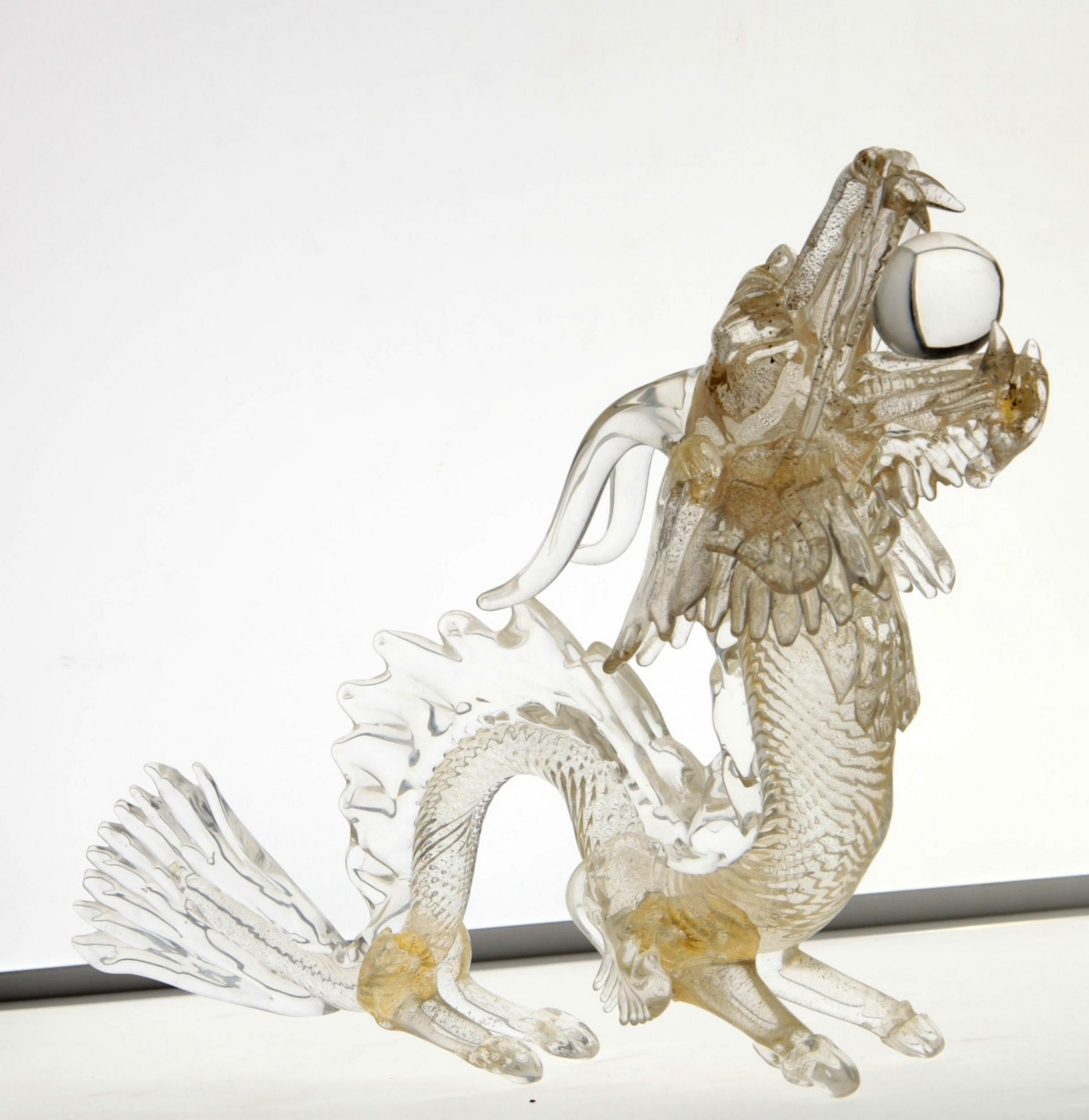 Murano Glass Detailed Dragon in Clear and Gold Leaf, 1990s 1