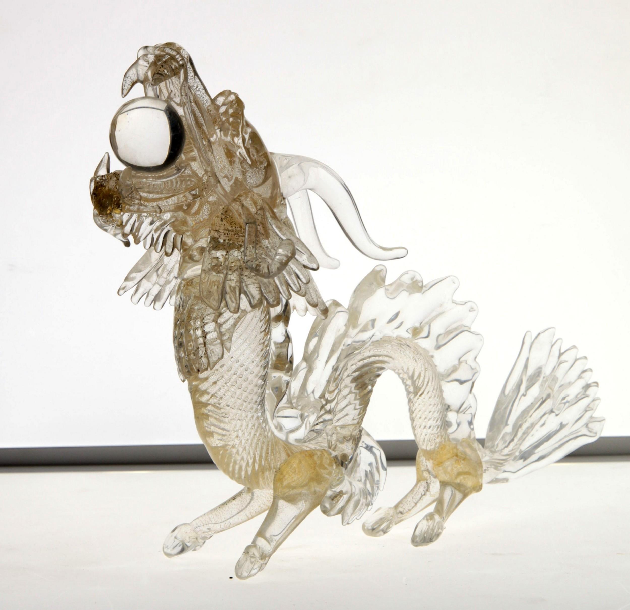 Mid-Century Modern Murano Glass Detailed Dragon in Clear and Gold Leaf, 1990s