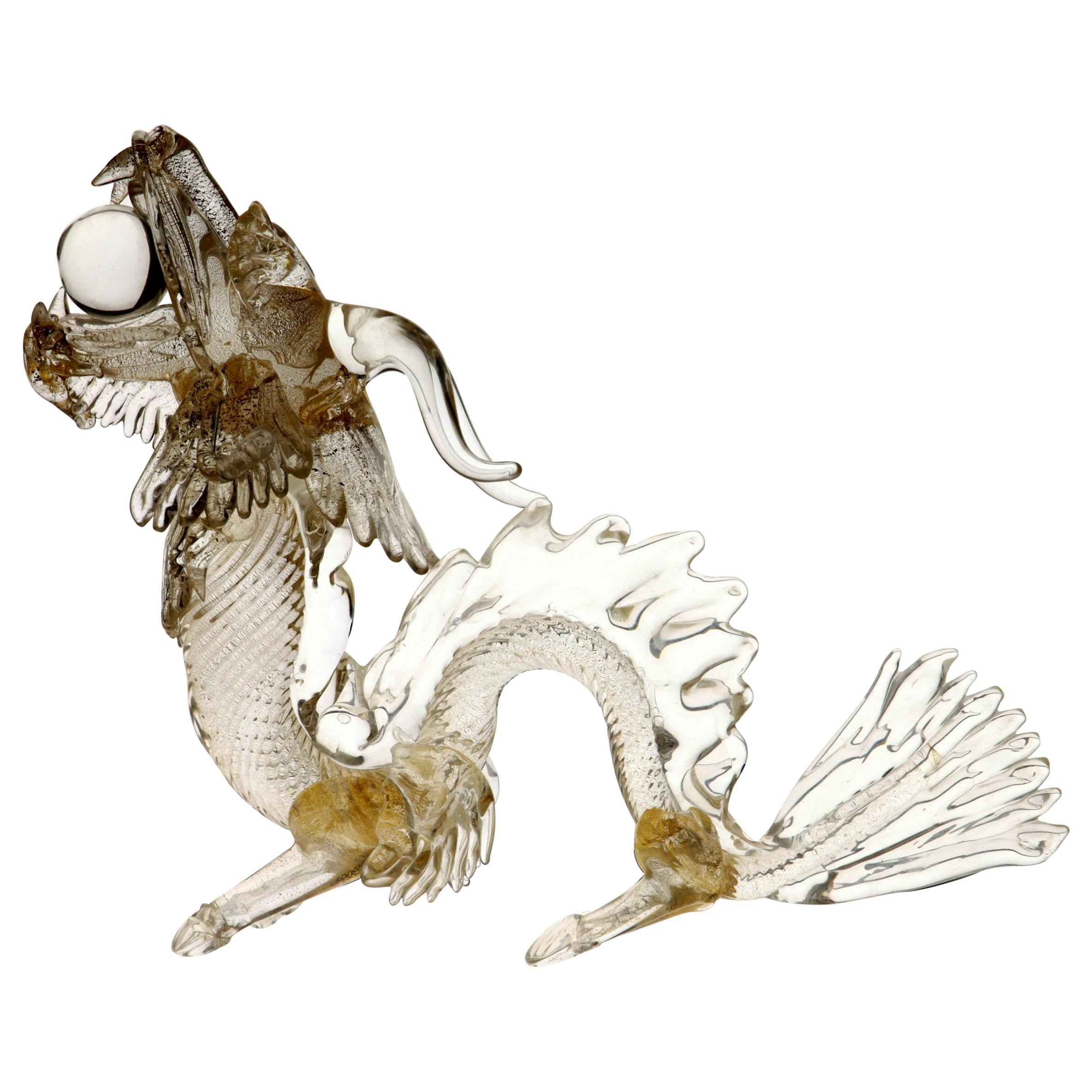 Murano Glass Detailed Dragon in Clear and Gold Leaf, 1990s