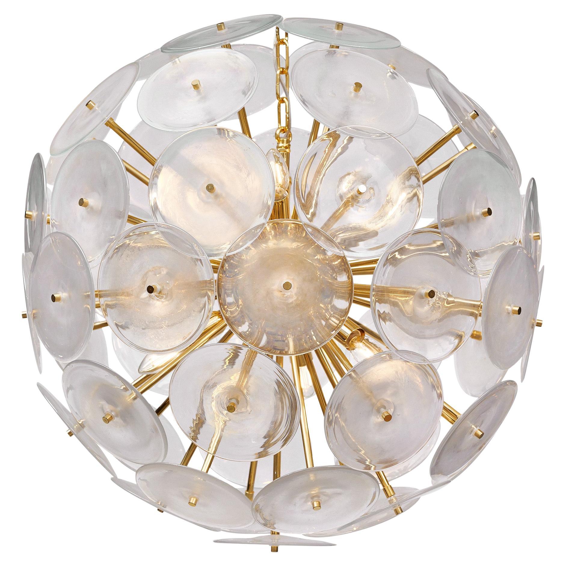 Murano Glass Sputnik Chandelier, Iridescent Discs, Brass Frame, Italy