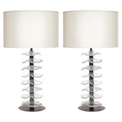 Murano Glass Disc Lamps, Brass Stem, Modern Design, Italy, New Wiring